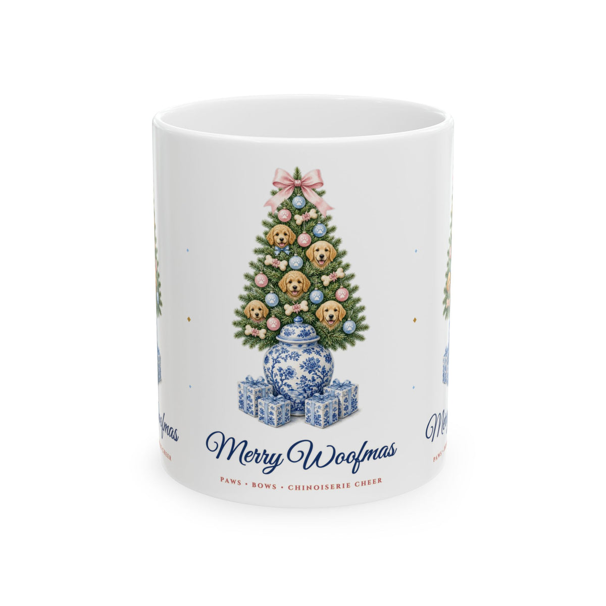 "Merry Woofmas" Chinoiserie Ginger-Jar Christmas Tree & Golden Doodle Dog Mom Holiday Ceramic Mug (11oz / 15oz) | Dog Lover Gift