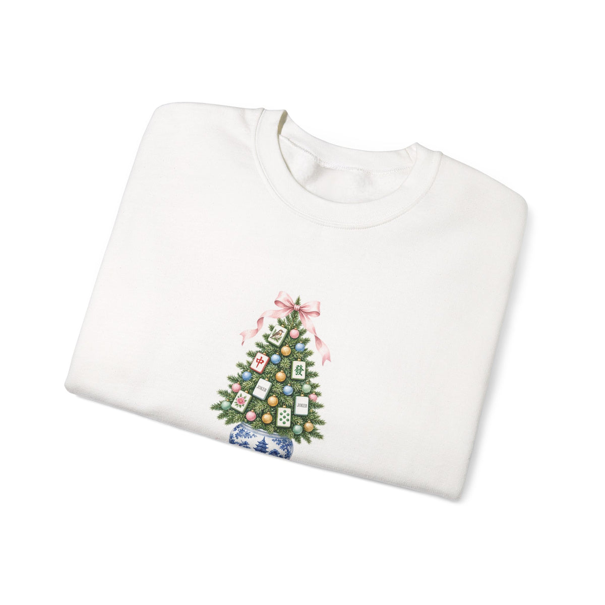 Merry Mahjong Chinoiserie Ginger-Jar Christmas Tree Sweatshirt | Coquette Bow & Pastel Mahjong Tile Holiday Crewneck