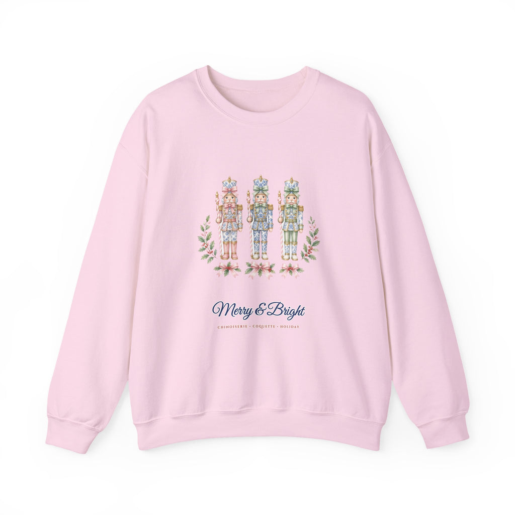 Pastel Chinoiserie Nutcracker & Pink Coquette Bow Holiday Sweatshirt | Grandmillennial "Merry & Bright" Christmas Crewneck