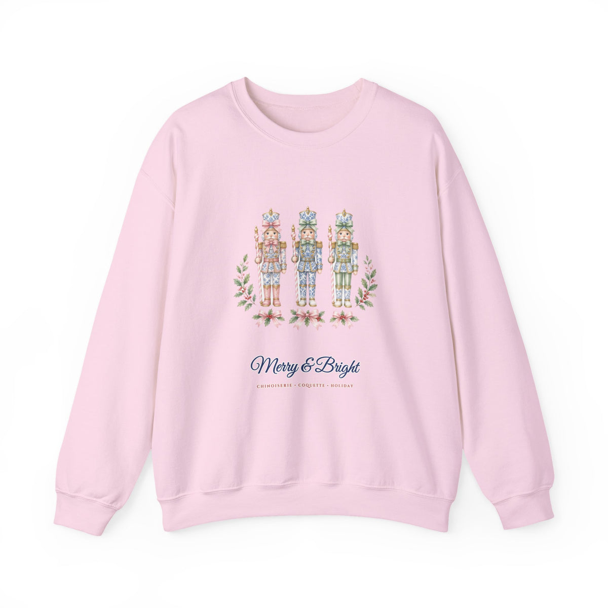 Pastel Chinoiserie Nutcracker & Pink Coquette Bow Holiday Sweatshirt | Grandmillennial "Merry & Bright" Christmas Crewneck