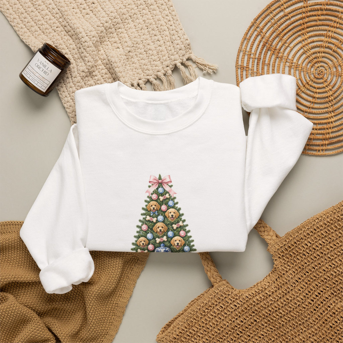 Merry Woofmas Chinoiserie Ginger-Jar Christmas Tree & Golden Doodle Ornaments Sweatshirt | Coquette Bow Dog Mom Holiday Crewneck