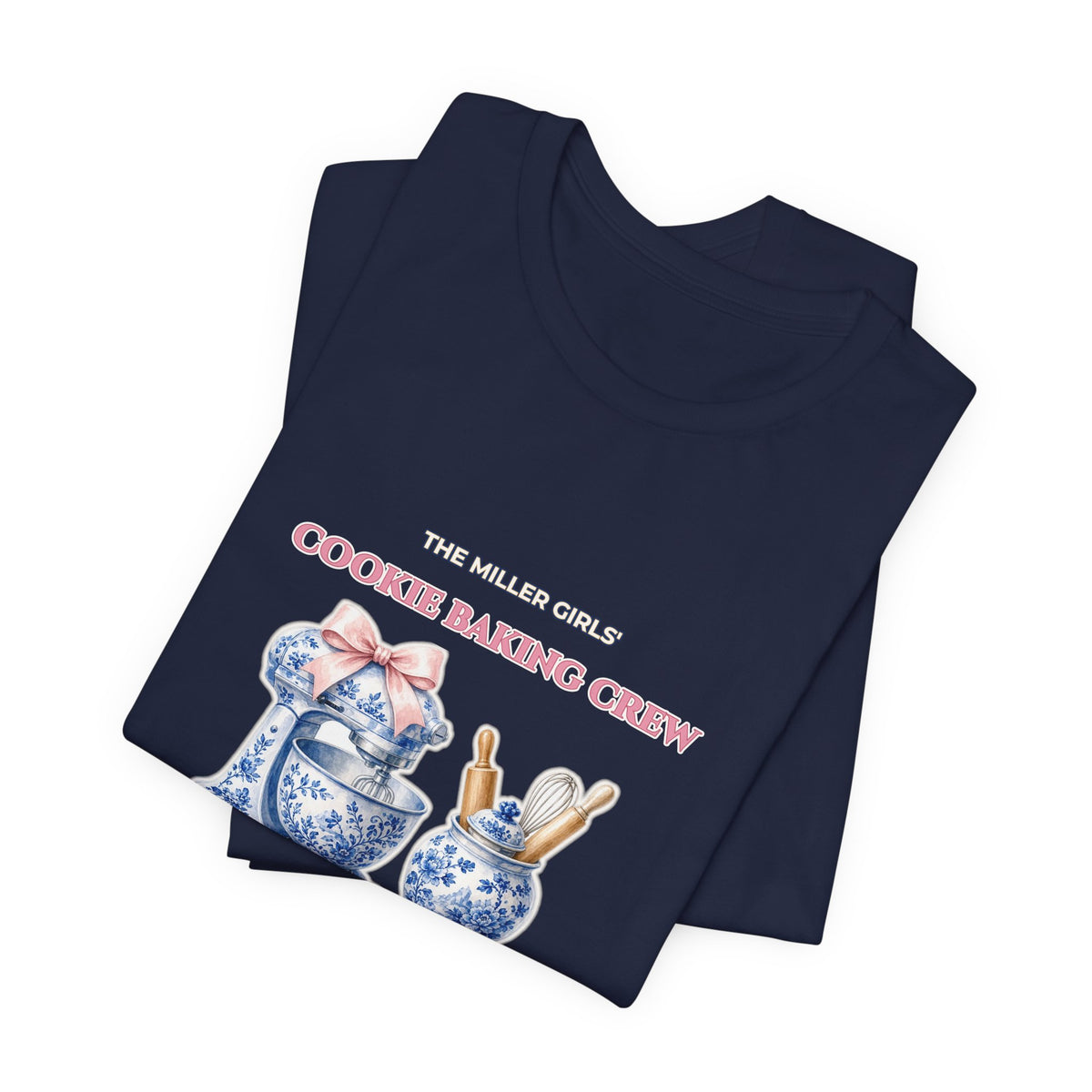Personalized Custom Family or Besties Christmas Cookie Baking Crew Shirt | Chinoiserie Stand Mixer & Coquette Bow Bella+Canvas 3001 Tee