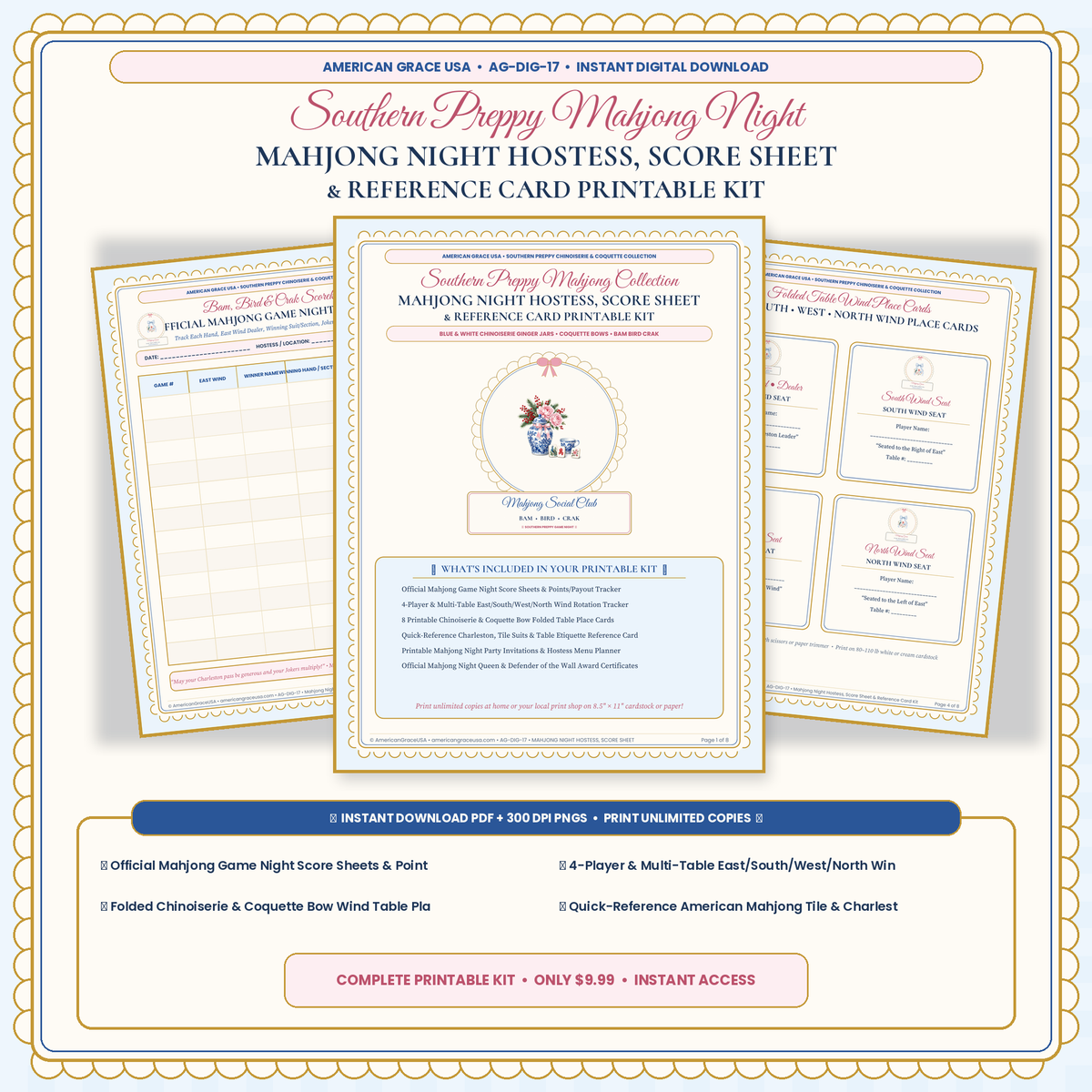 Mahjong Night Hostess, Score Sheet & Reference Card Printable Kit — Chinoiserie & Coquette Bow Hero Preview