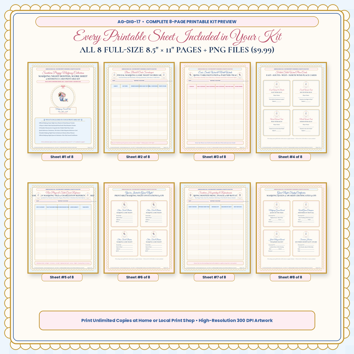 All 8 Printable Sheets Included in Mahjong Night Hostess Kit (8.5x11 PDF + PNGs)
