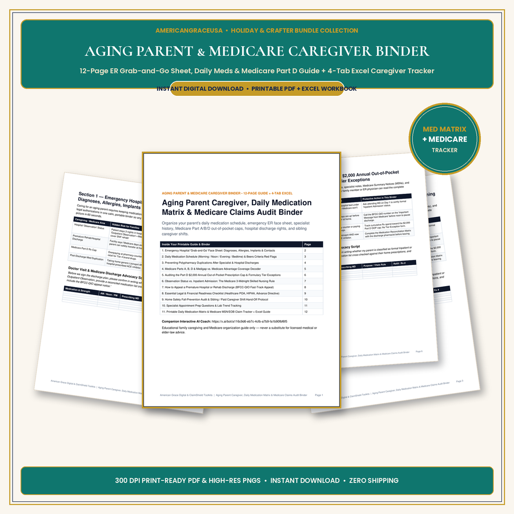 Aging Parent Caregiver, Daily Medication Matrix & Medicare Audit Binder Hero Cover
