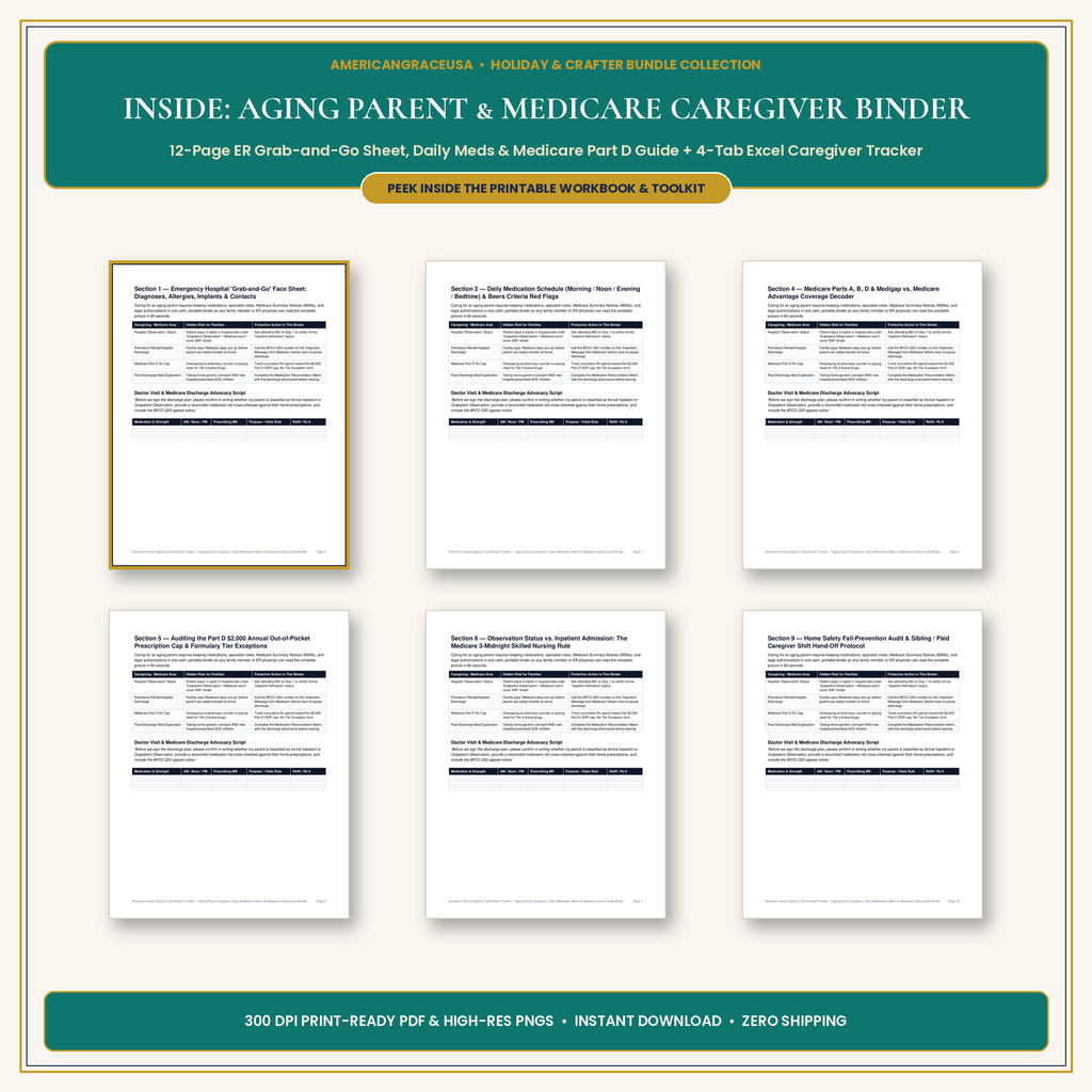 Aging Parent Caregiver & Medicare Audit Binder Inside Spreads & Excel Preview