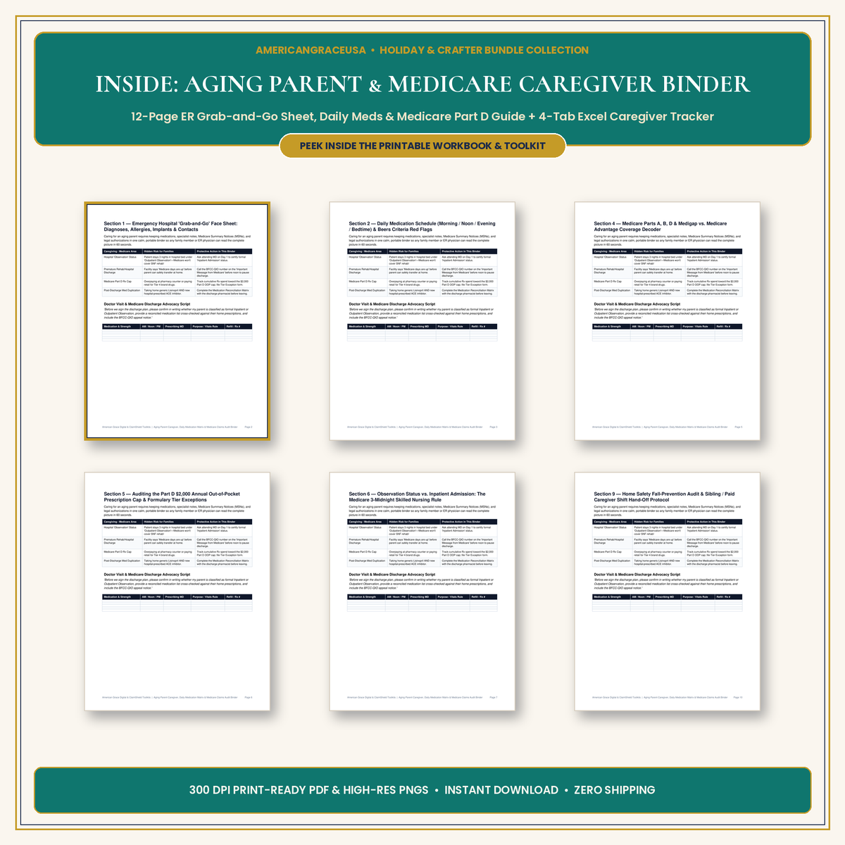 Aging Parent Caregiver & Medicare Audit Binder Inside Spreads & Excel Preview