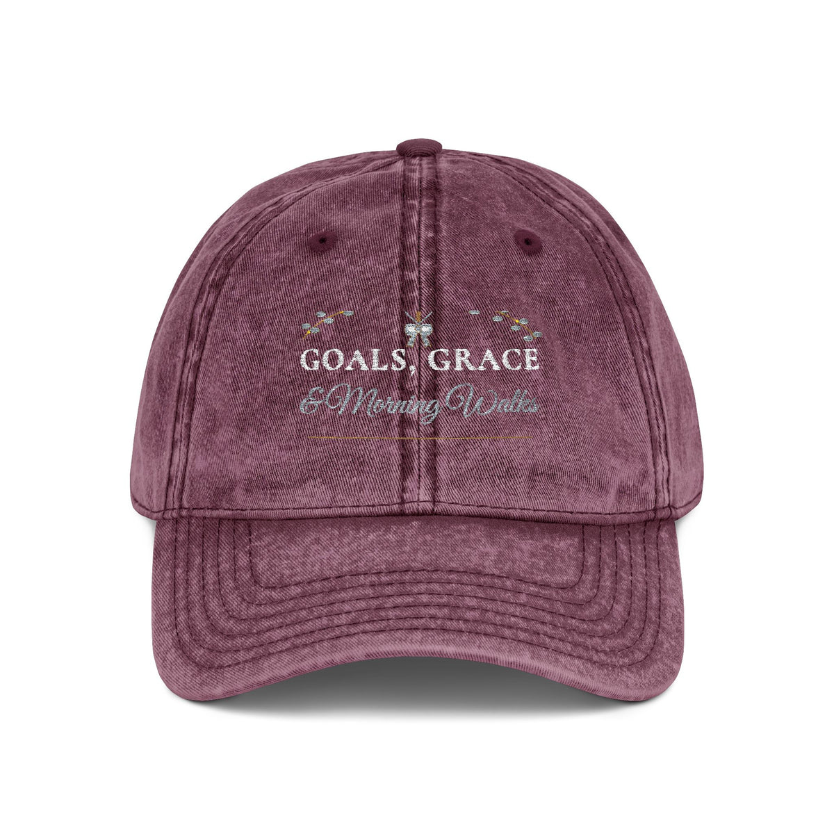 "Goals, Grace & Morning Walks" Embroidered Vintage Washed Dad Cap | Christian Women's Walking Club Baseball Hat
