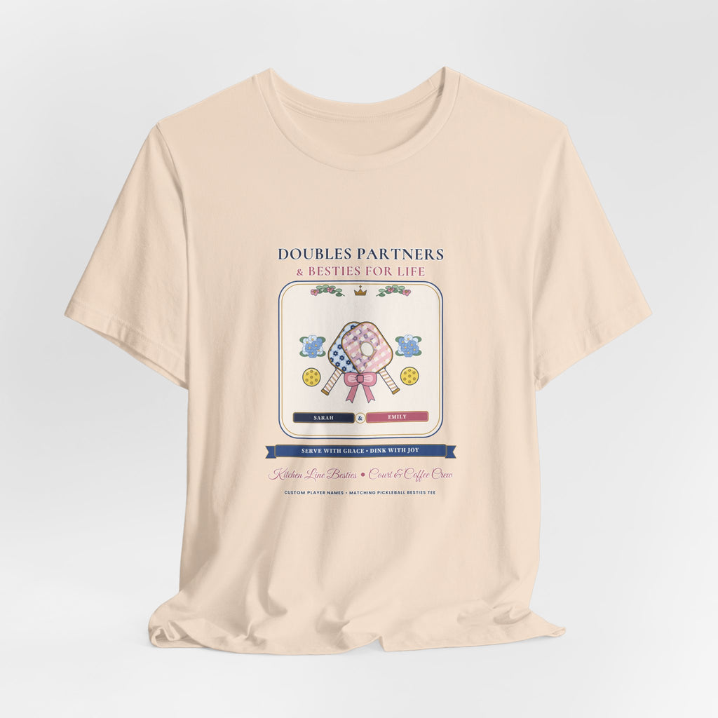 Personalized "Doubles Partners & Besties for Life" Preppy Chinoiserie Pickleball Shirt | Custom Names Matching Court Besties Bella+Canvas Tee