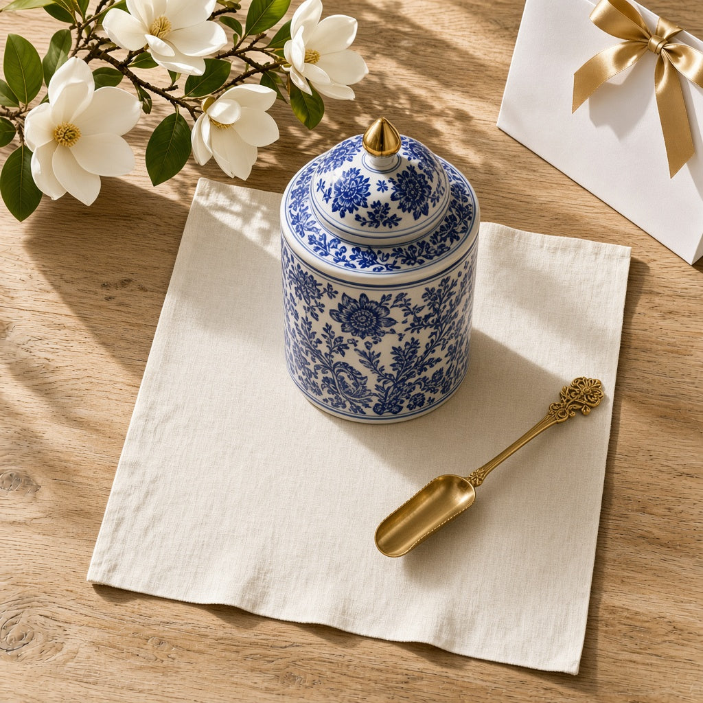 "Sanctuary" Airtight Blue & White Porcelain Loose-Leaf Tea Canister — Sunlit White Oak Table Close-Up