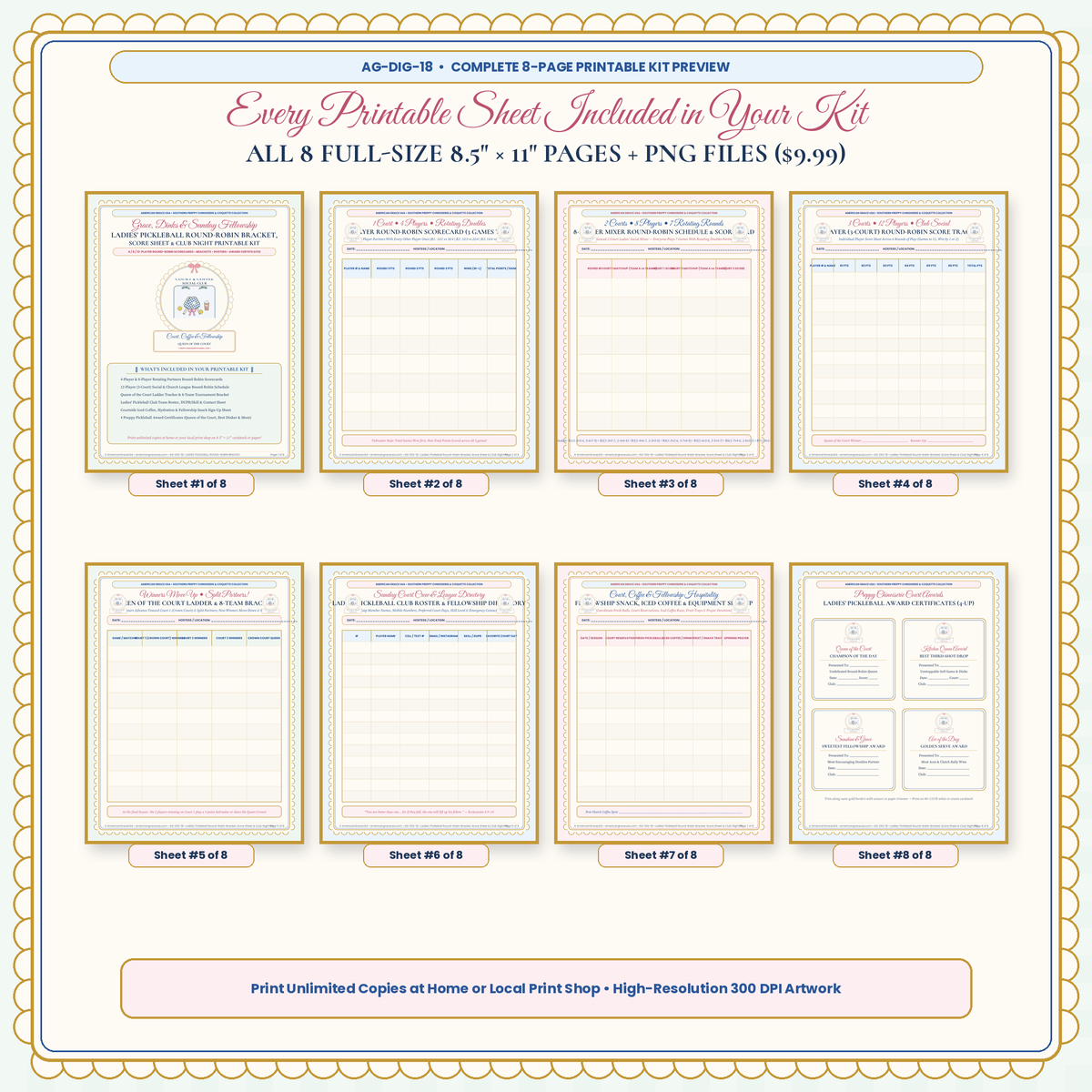 All 8 Printable Sheets Included in Ladies' Pickleball Round-Robin Kit (8.5x11 PDF + PNGs)