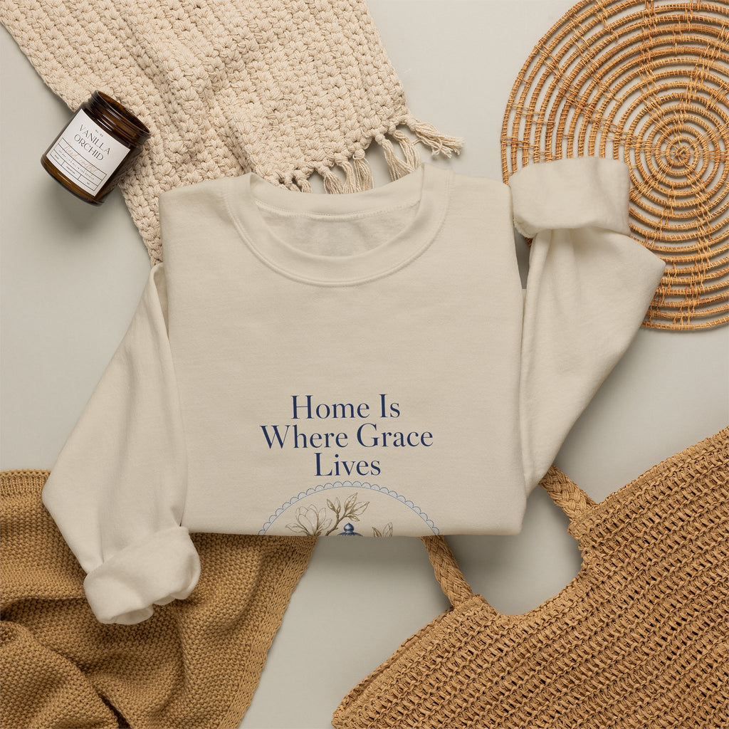 Home Is Where Grace Lives Crewneck Sweatshirt | Mother Daughter Matching Chinoiserie Magnolia Sweatshirt, Southern Christian Gift