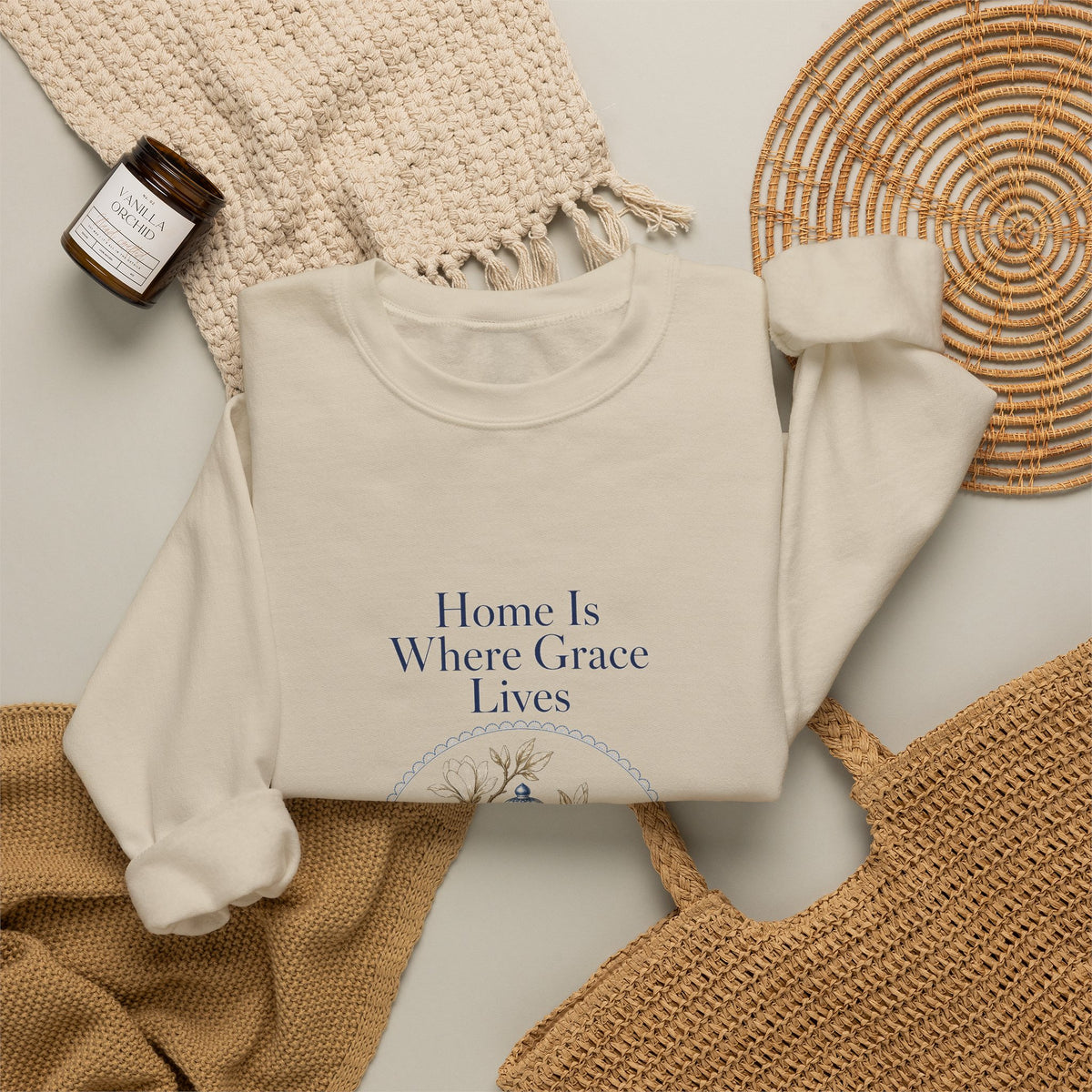 Home Is Where Grace Lives Crewneck Sweatshirt | Mother Daughter Matching Chinoiserie Magnolia Sweatshirt, Southern Christian Gift