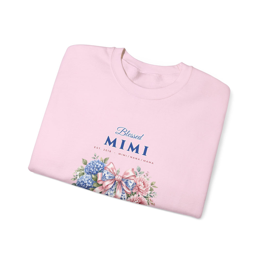 Personalized Blessed Mimi, Nana or Mama Chinoiserie Bow & Grandkids Names Sweatshirt | Custom Floral Coquette Grandma & Mom Crewneck