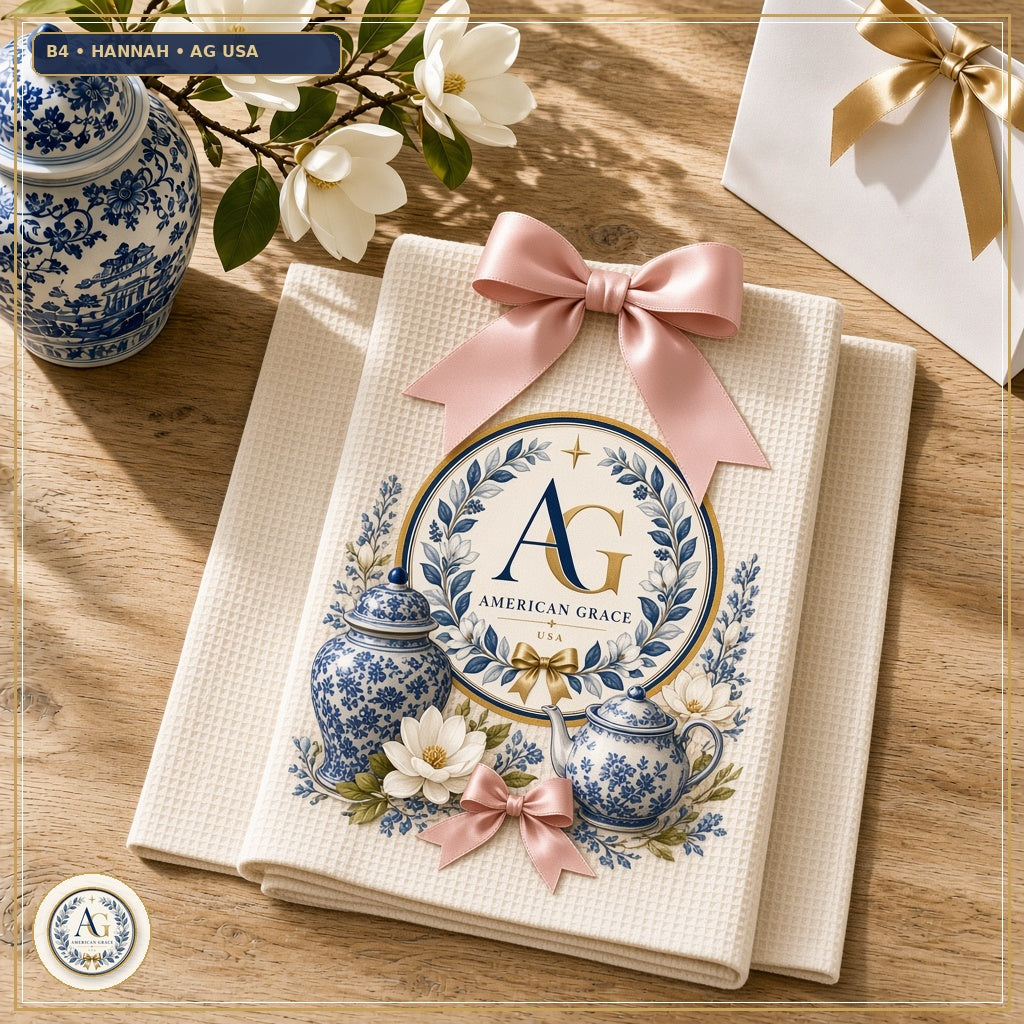 Hannah's "Tea, Honey & Grace" Honeycomb Waffle Kitchen Tea Towel — American Grace USA — Flagship Boutique Oak Table Studio