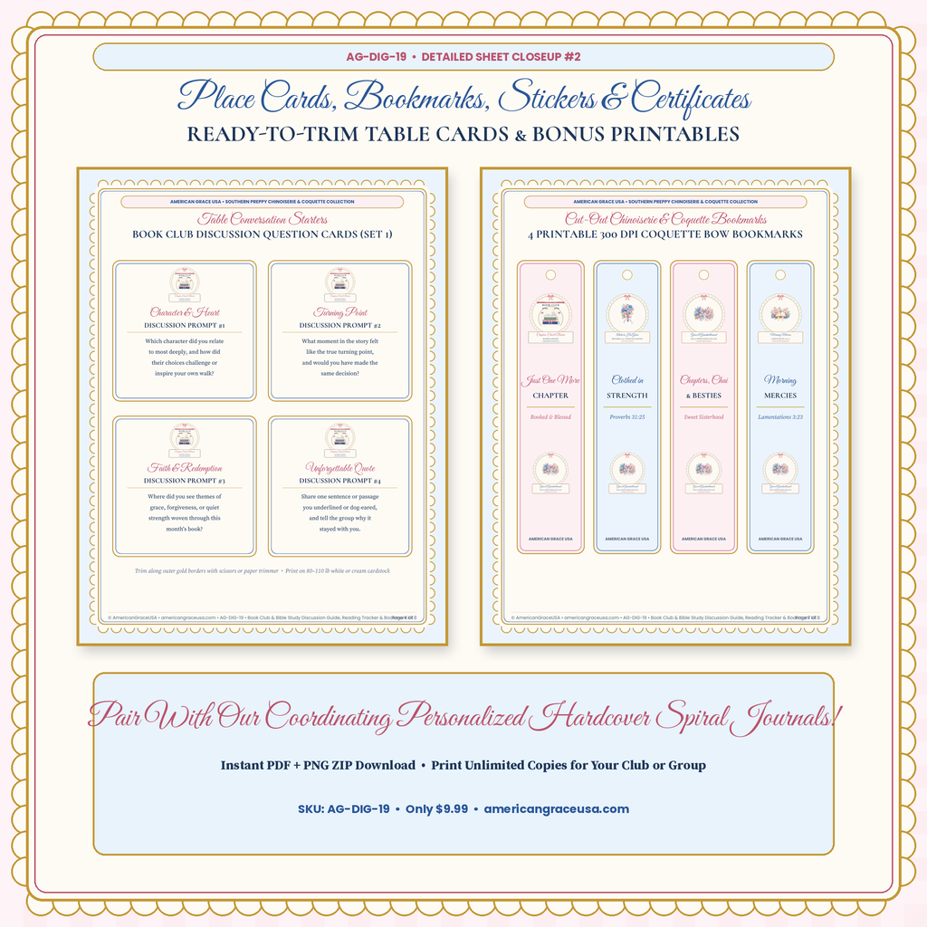 Detailed Closeup of Discussion Question Cards & 4 Printable Coquette Bow Bookmarks