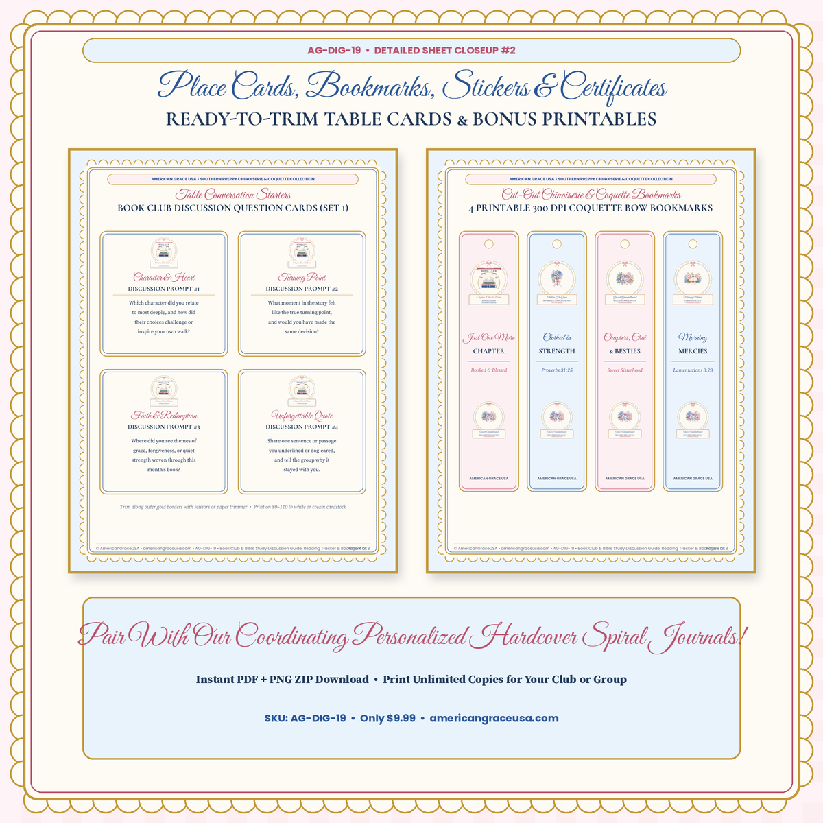 Detailed Closeup of Discussion Question Cards & 4 Printable Coquette Bow Bookmarks