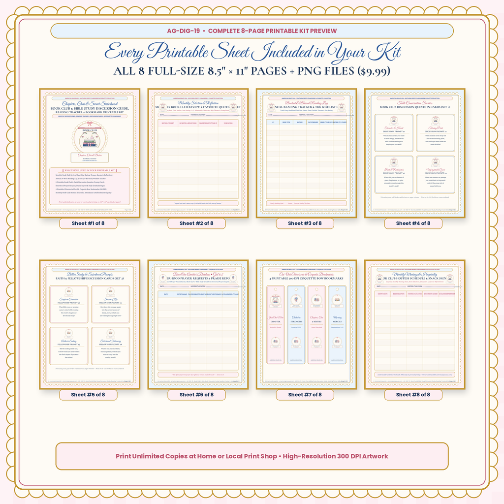 All 8 Printable Sheets Included in Book Club & Bible Study Printable Kit (8.5x11 PDF + PNGs)