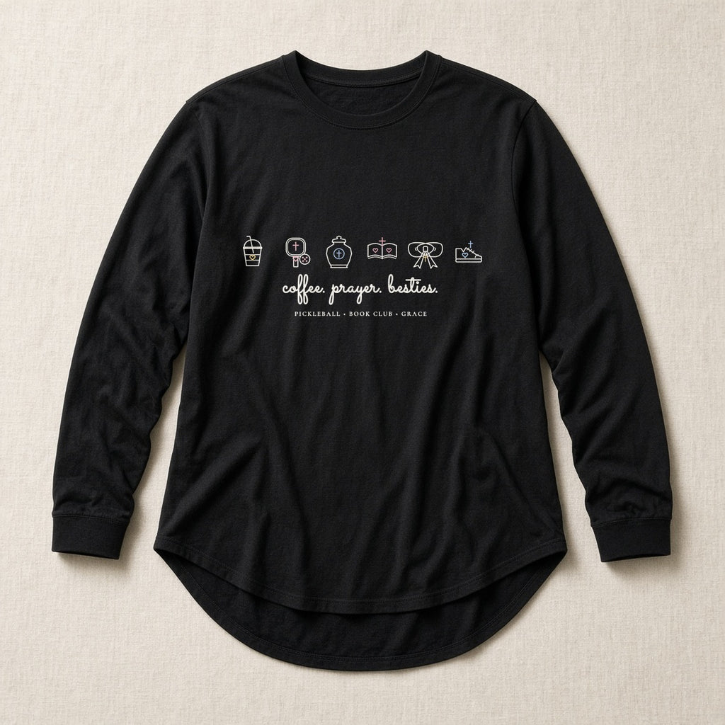 Coffee Prayer Besties Curved-Hem Long Sleeve Tunic in Classic Black Photographic Flat-Lay | American Grace USA