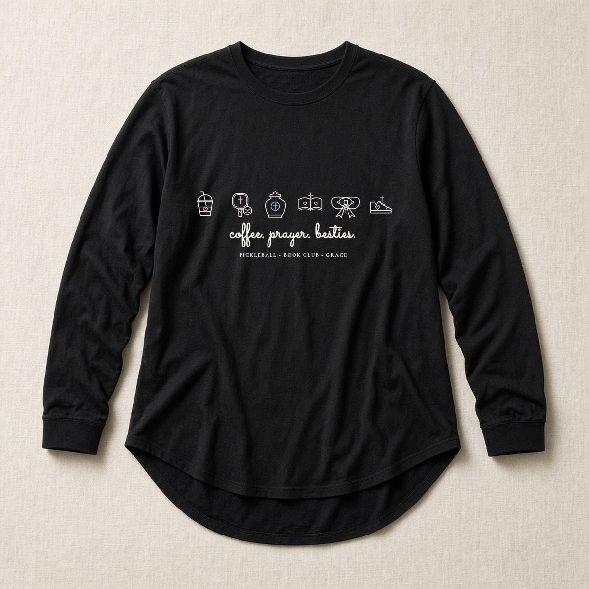 Coffee Prayer Besties Curved-Hem Long Sleeve Tunic in Classic Black Photographic Flat-Lay | American Grace USA