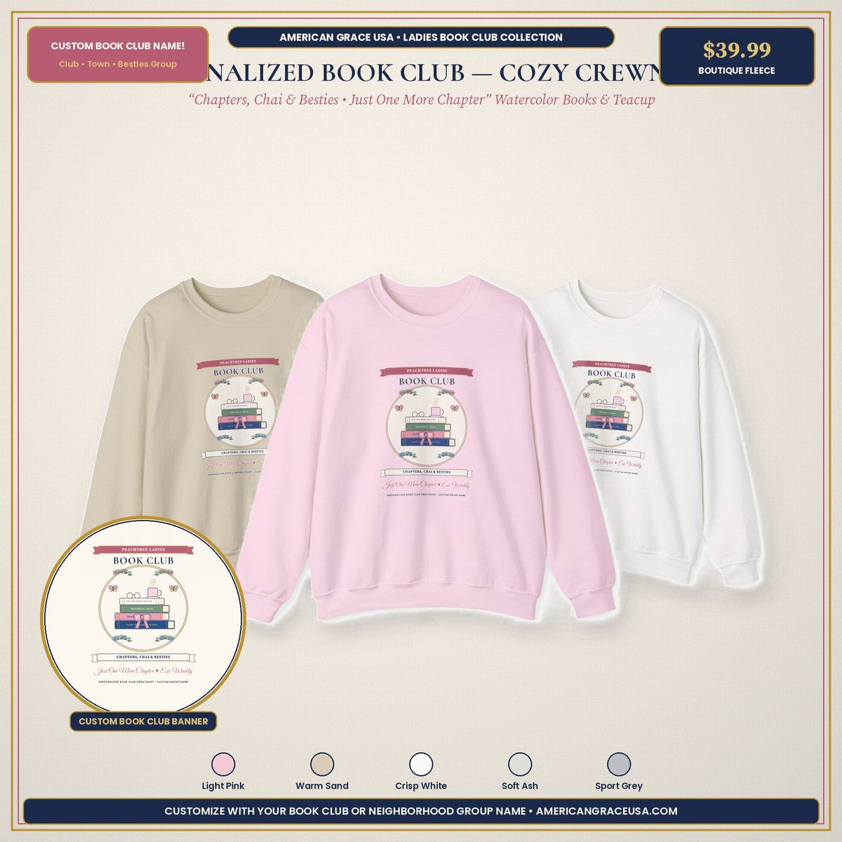 Personalized Book Club Sweatshirt — Custom Club Name Chapters Chai & Besties Boutique Flat-Lay Hero Mockup