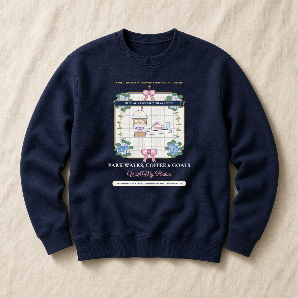 Park Walks Coffee & Goals With My Besties Sponge Fleece Sweatshirt in Classic Navy Flat-Lay | American Grace USA