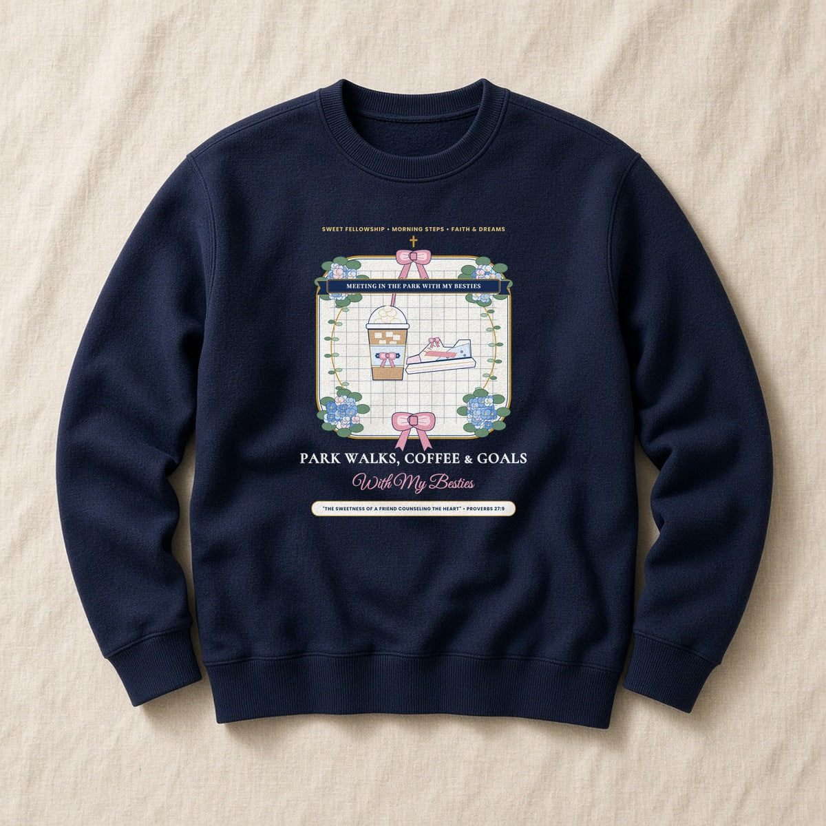 Park Walks Coffee & Goals With My Besties Sponge Fleece Sweatshirt in Classic Navy Flat-Lay | American Grace USA