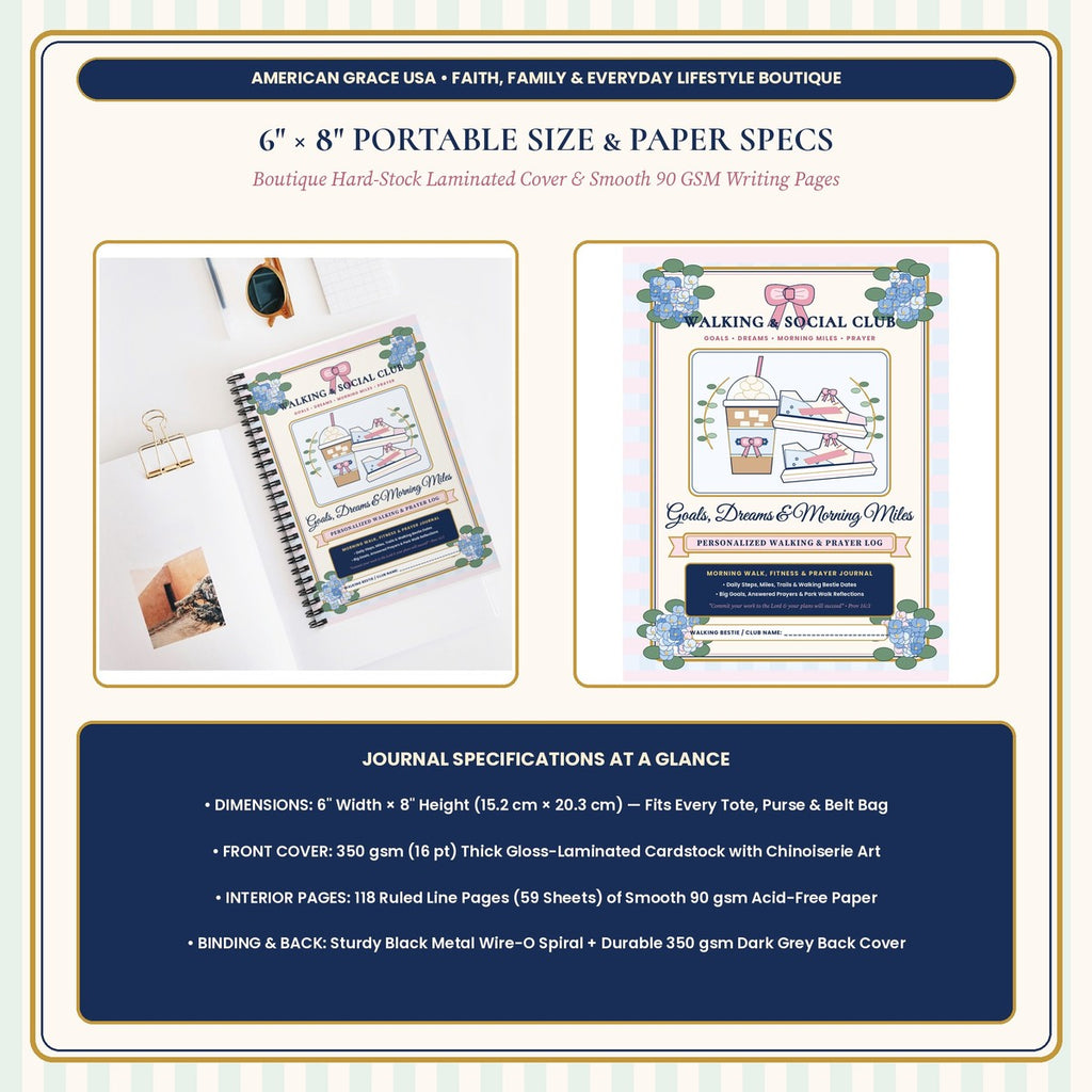 Walking Club & Morning Miles Log 6x8 Spiral Journal - Size & Paper Specifications Card