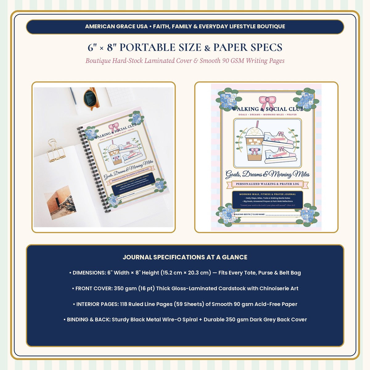 Walking Club & Morning Miles Log 6x8 Spiral Journal - Size & Paper Specifications Card