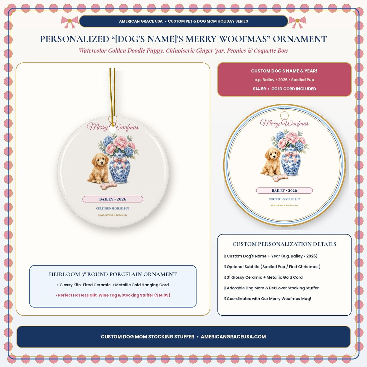 Personalized Dog's Name Merry Woofmas 2026 Golden Doodle & Chinoiserie Bow Ceramic Ornament Boutique Hero Card - AmericanGraceUSA