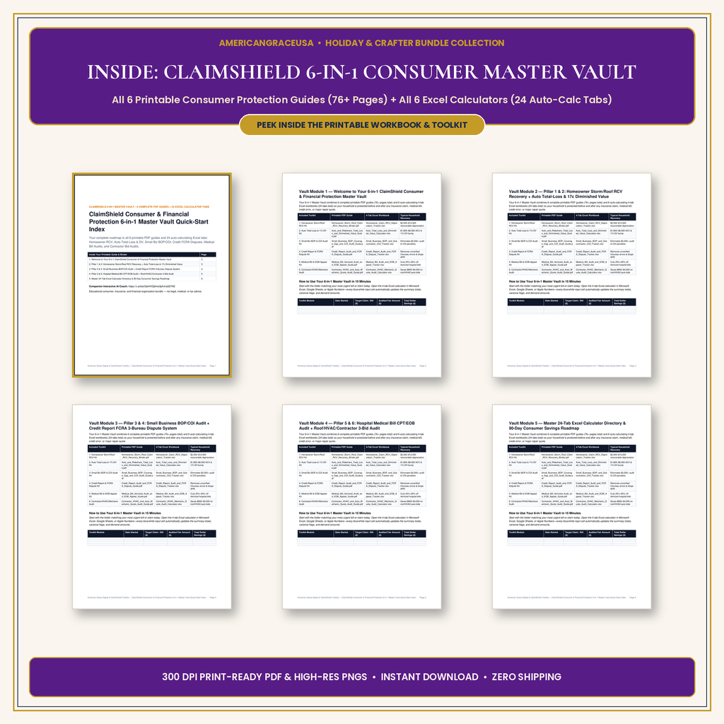 ClaimShield Consumer & Financial Protection 6-in-1 Master Vault Inside Spreads & 24-Tab Excel Preview