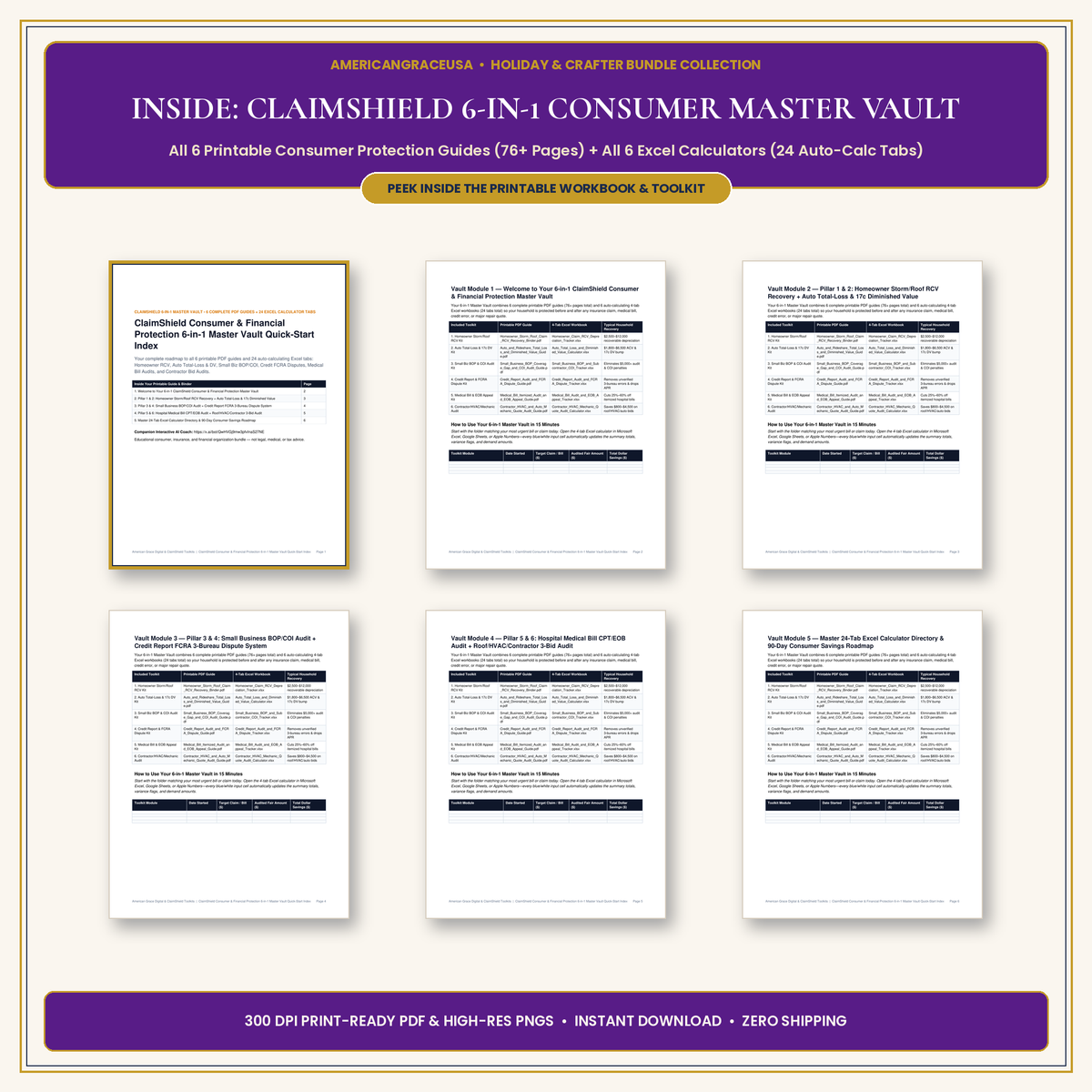 ClaimShield Consumer & Financial Protection 6-in-1 Master Vault Inside Spreads & 24-Tab Excel Preview