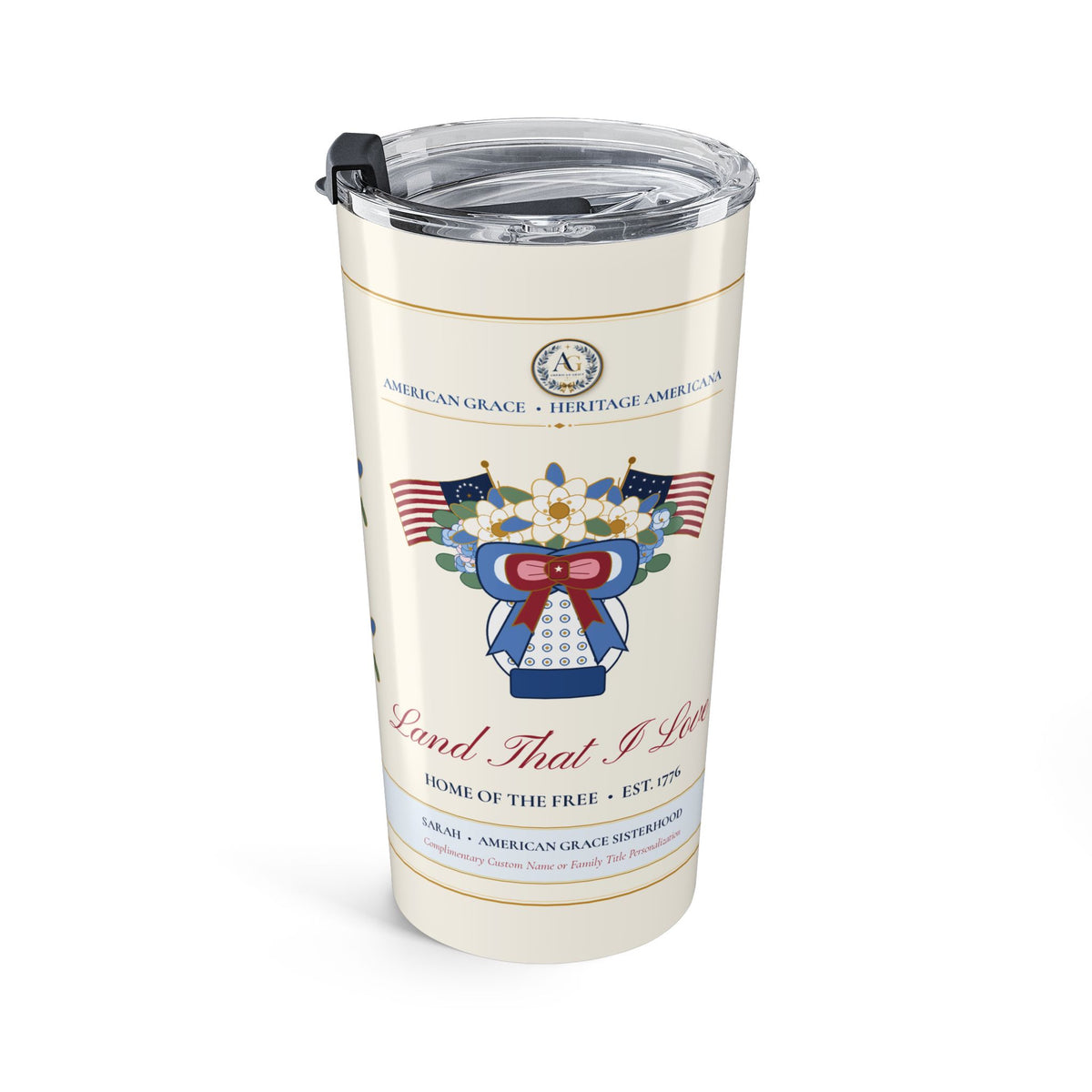 Personalized "American Grace • Land That I Love" Chinoiserie Ginger-Jar & Flag 20oz Stainless Travel Tumbler
