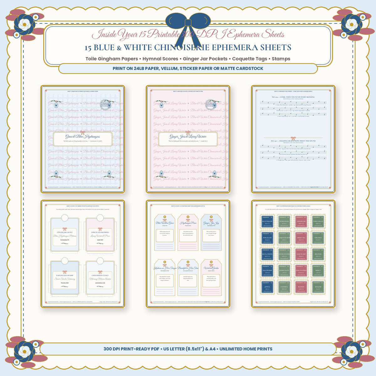 Inside 15 Blue and White Chinoiserie Ephemera Sheets Toile Papers Hymnal Scores Ginger Jar Pockets and Coquette Tags