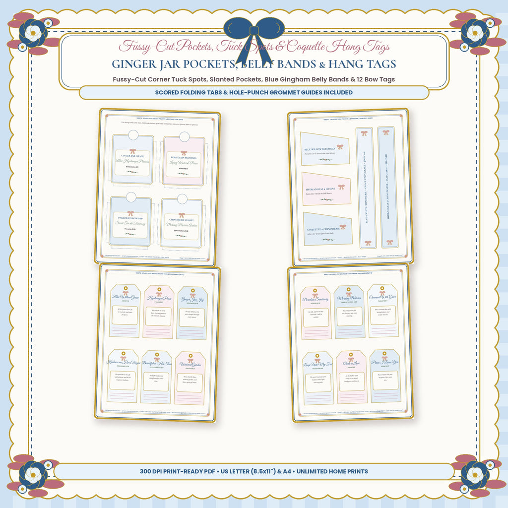 Chinoiserie Ginger Jar Library Pockets Belly Bands and Scalloped Coquette Bow Hang Tags Closeup