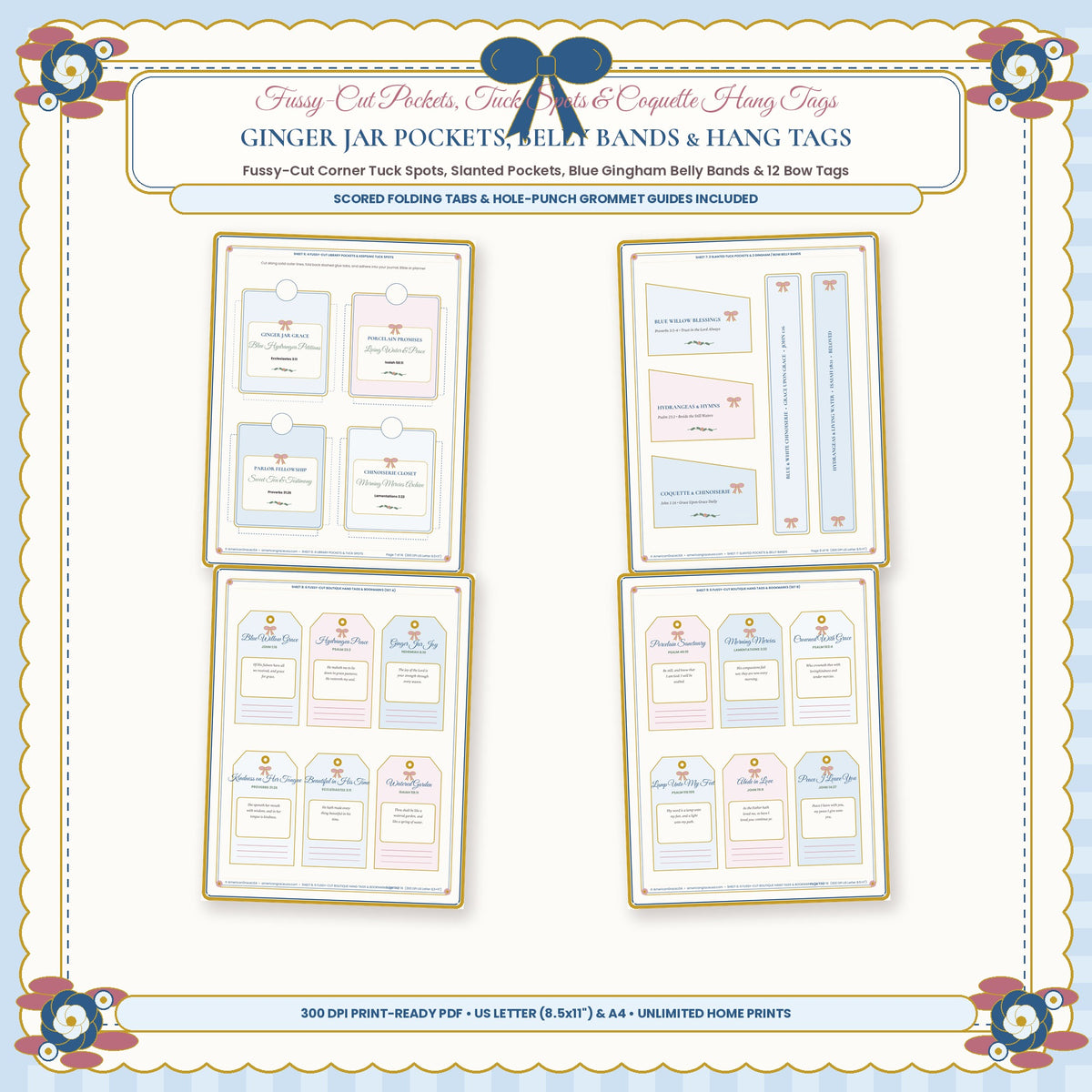 Chinoiserie Ginger Jar Library Pockets Belly Bands and Scalloped Coquette Bow Hang Tags Closeup