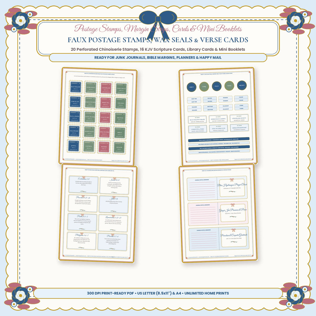 Chinoiserie Perforated Faux Postage Stamps Wax Seals and KJV Scripture Cards Closeup