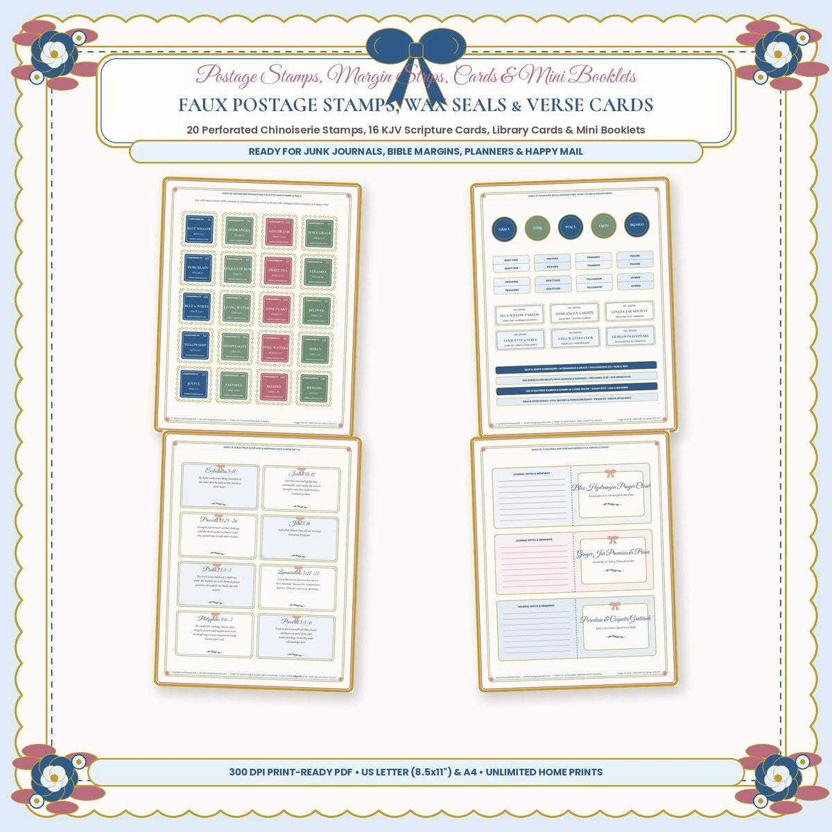 Chinoiserie Perforated Faux Postage Stamps Wax Seals and KJV Scripture Cards Closeup