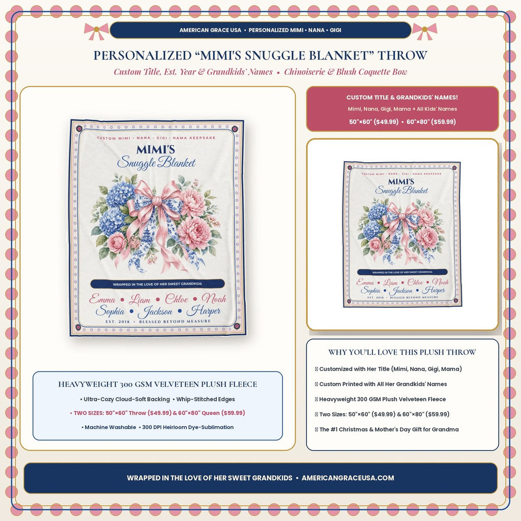 Personalized Mimi's Snuggle Blanket Custom Grandkids Names & Chinoiserie Coquette Bow Plush Blanket Hero Card