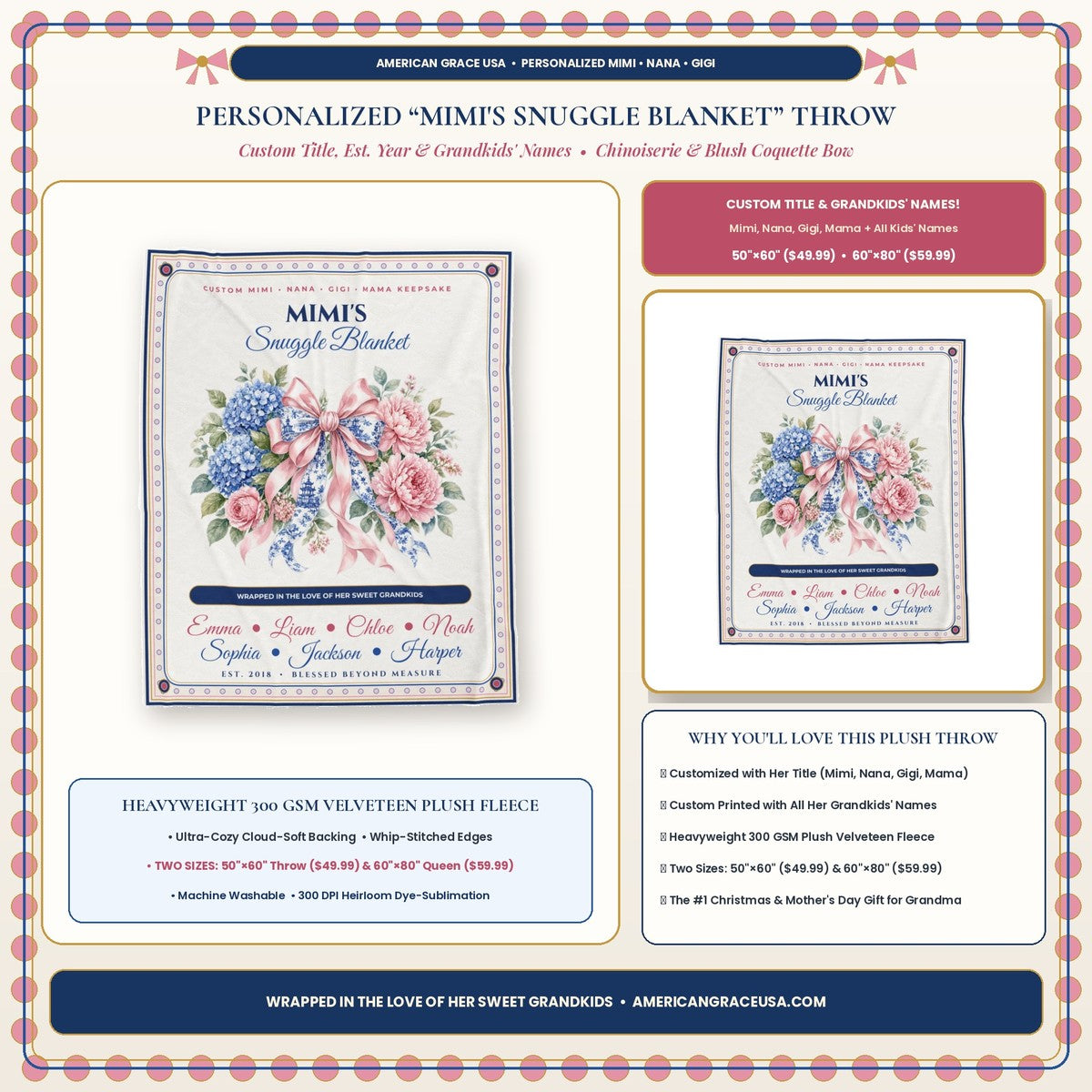 Personalized Mimi's Snuggle Blanket Custom Grandkids Names & Chinoiserie Coquette Bow Plush Blanket Hero Card