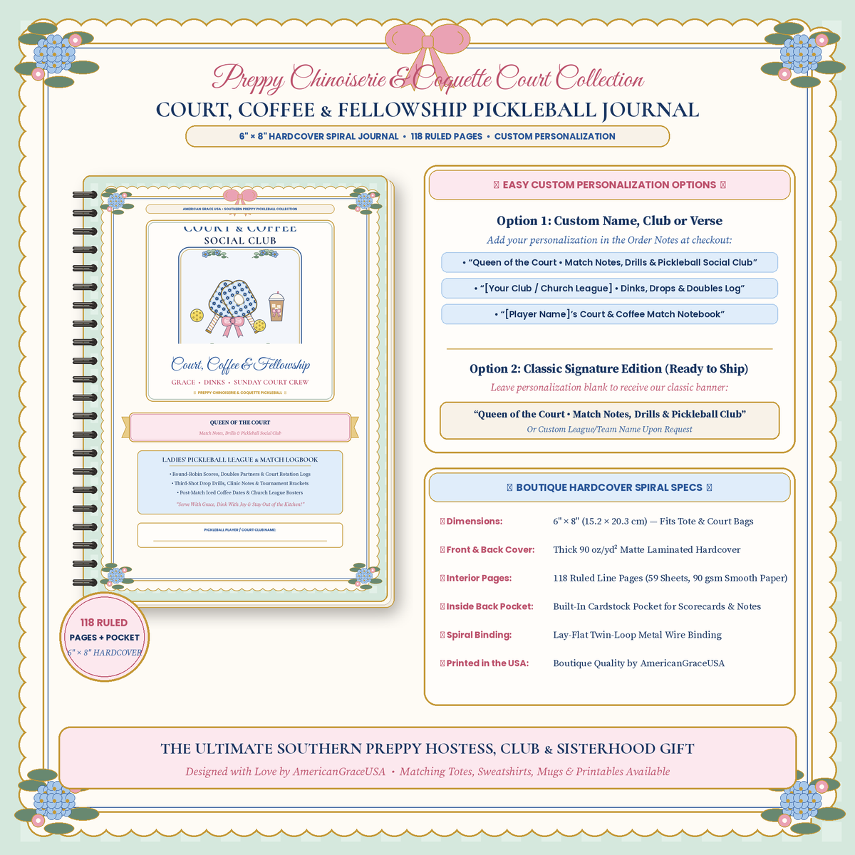 Court Coffee & Fellowship — Boutique Flat-Lay & Custom Pickleball Club Personalization Guide Card