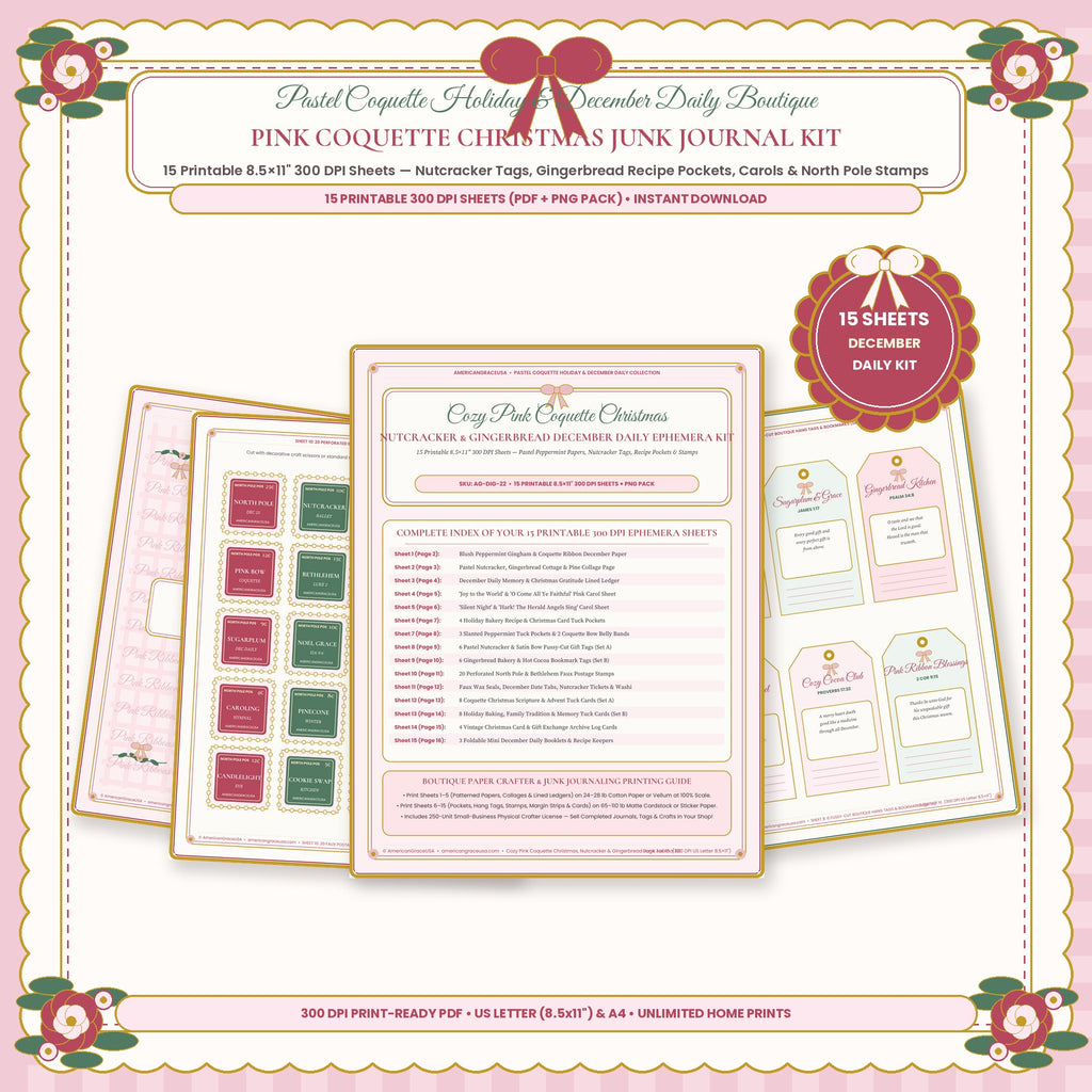 Cozy Pink Coquette Christmas Nutcracker and Gingerbread Printable Junk Journal Ephemera Kit 15 Sheets Cover by AmericanGraceUSA