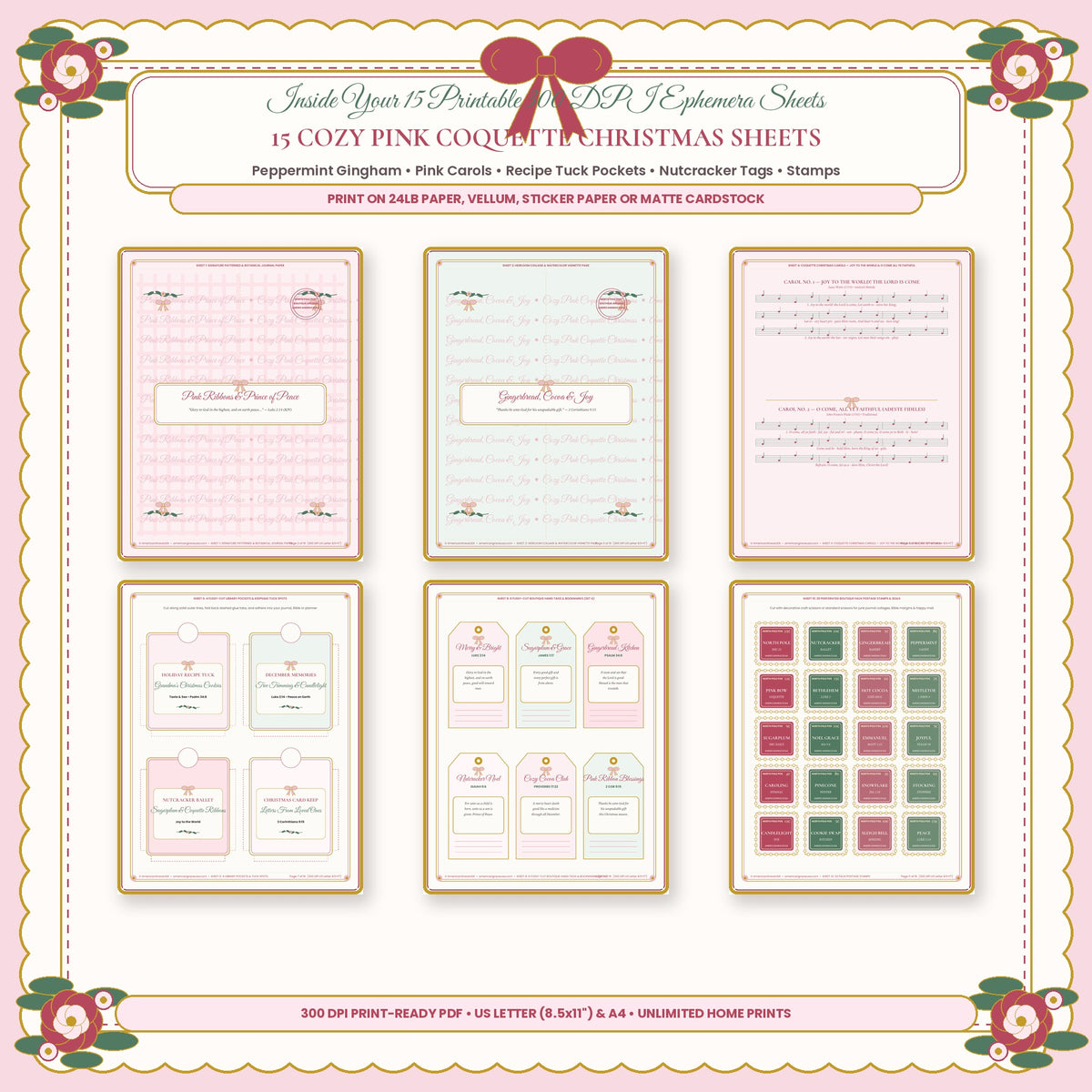 Inside 15 Cozy Pink Coquette Christmas Ephemera Sheets Peppermint Gingham Carols Recipe Pockets and Nutcracker Tags
