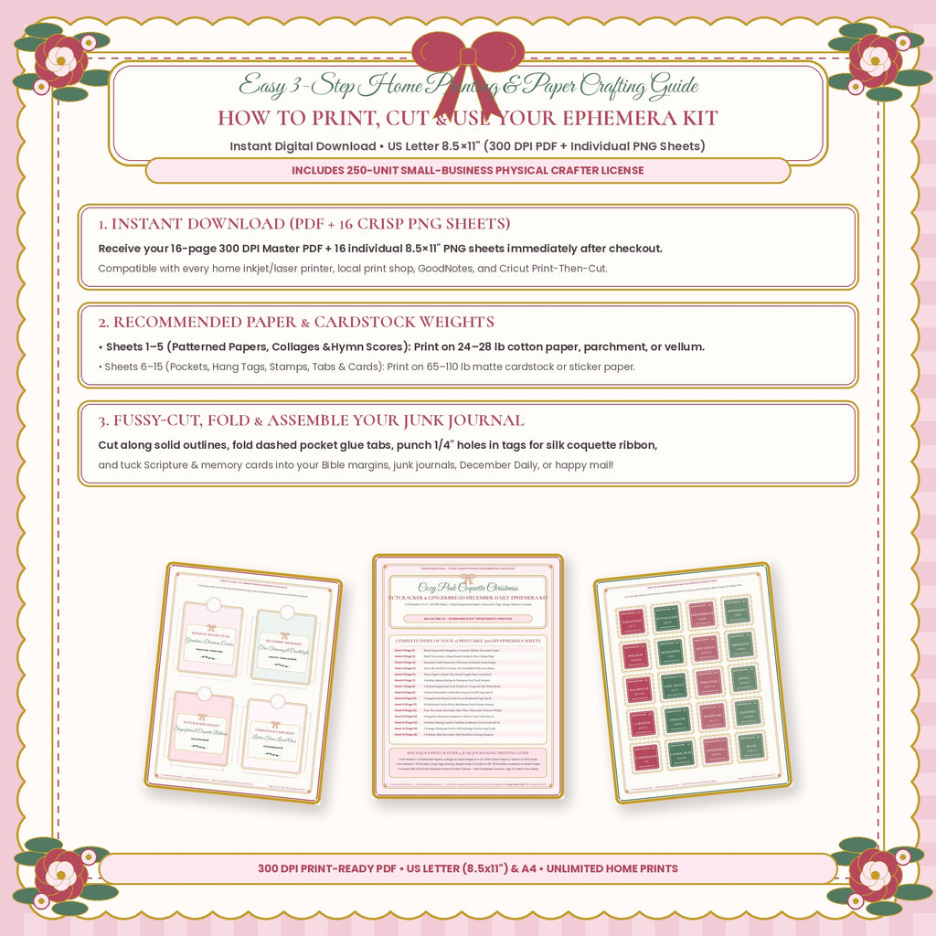 How to Print Cut and Use Your Pink Christmas Junk Journal Ephemera Kit 300 DPI Guide