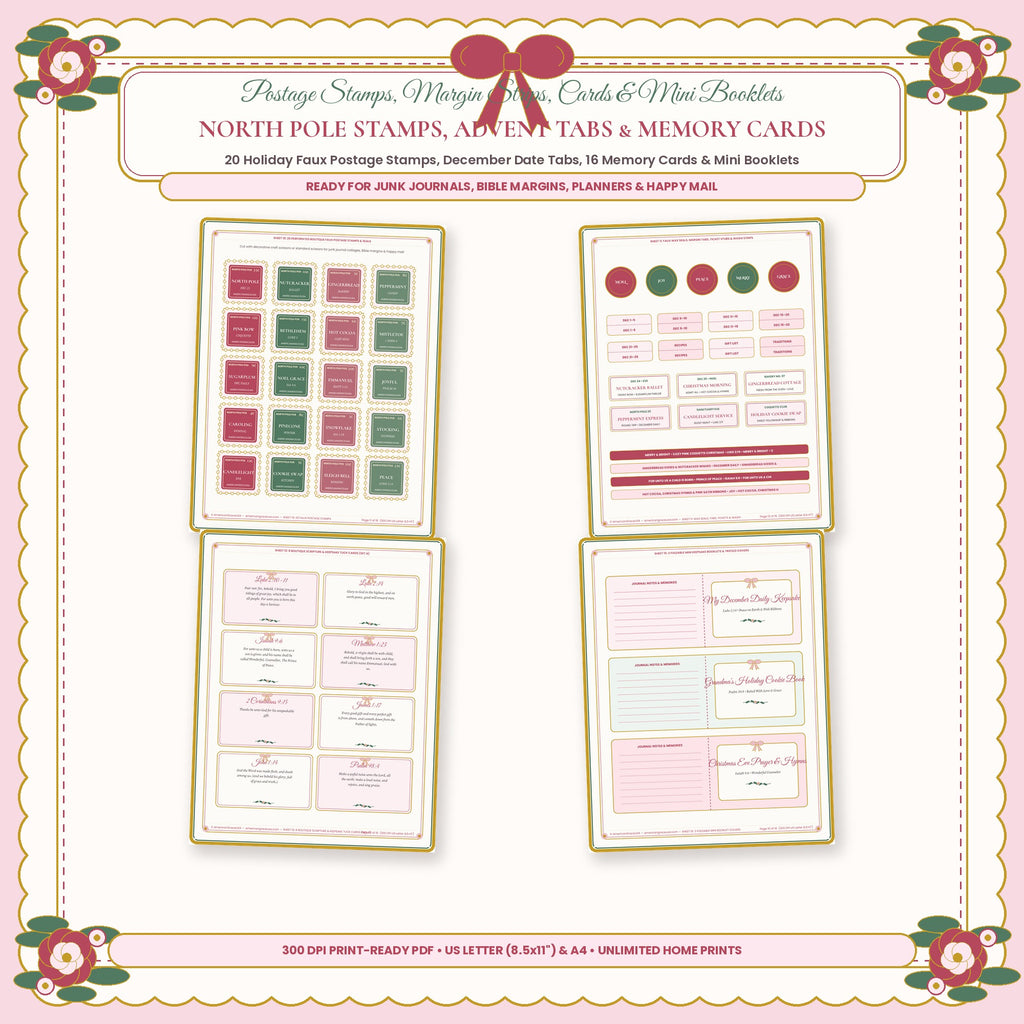 North Pole Perforated Postage Stamps Advent Date Tabs and Holiday Memory Cards Closeup