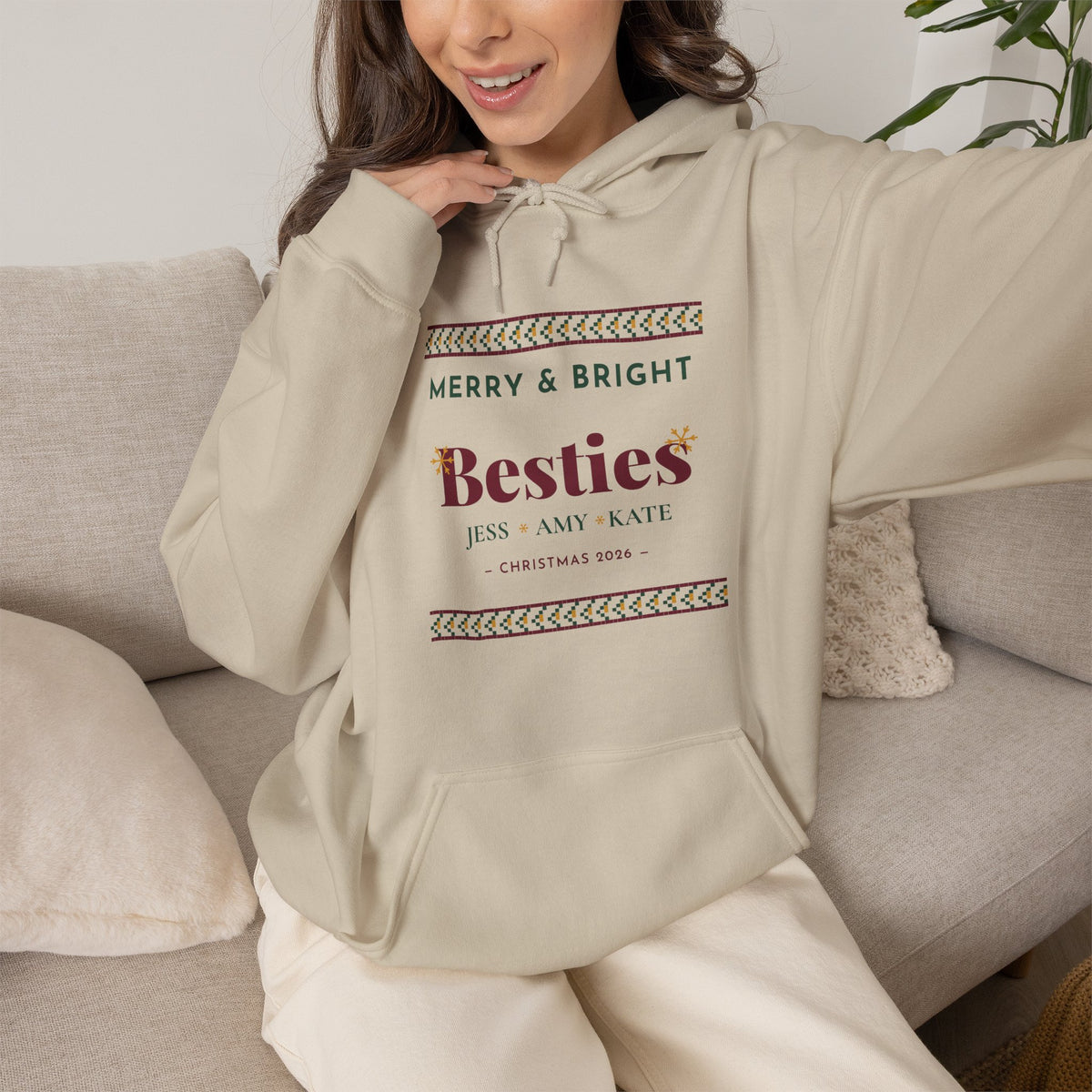 Merry and Bright Besties Christmas Hoodie Personalized, Best Friend Christmas Gift, Matching Besties Hoodie with Names