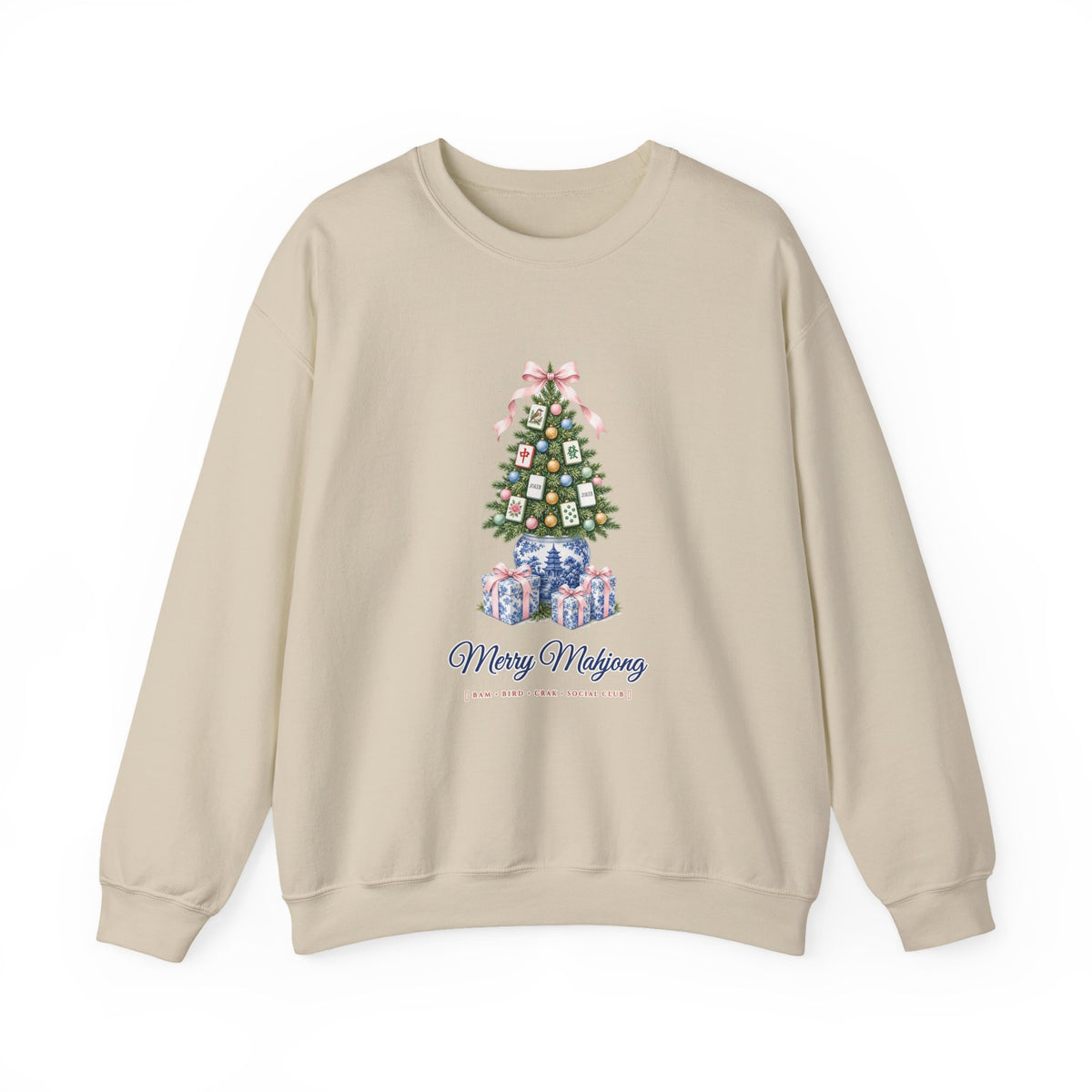 Merry Mahjong Chinoiserie Ginger-Jar Christmas Tree Sweatshirt | Coquette Bow & Pastel Mahjong Tile Holiday Crewneck