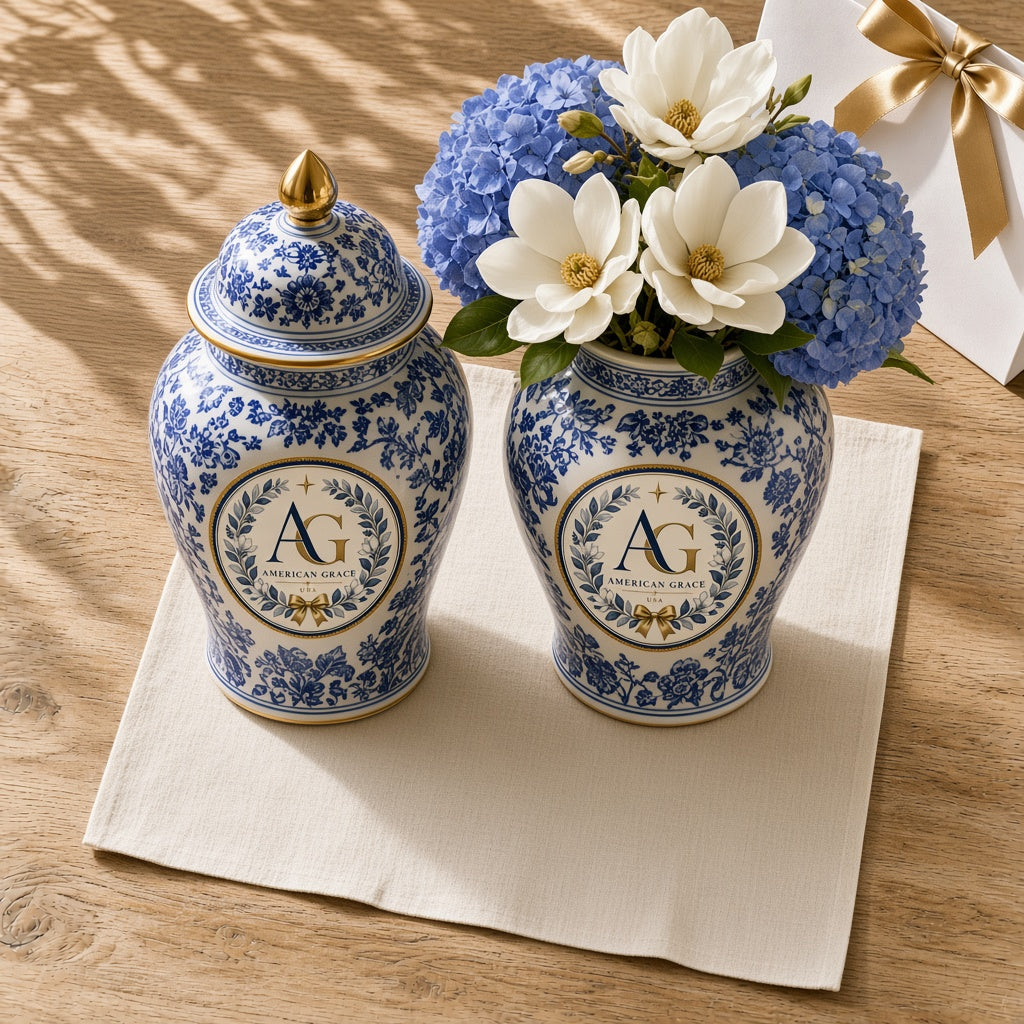 "Magnolia Lane" Blue & White Chinoiserie Porcelain Ginger Jar & Temple Vase — Sunlit White Oak Table Close-Up