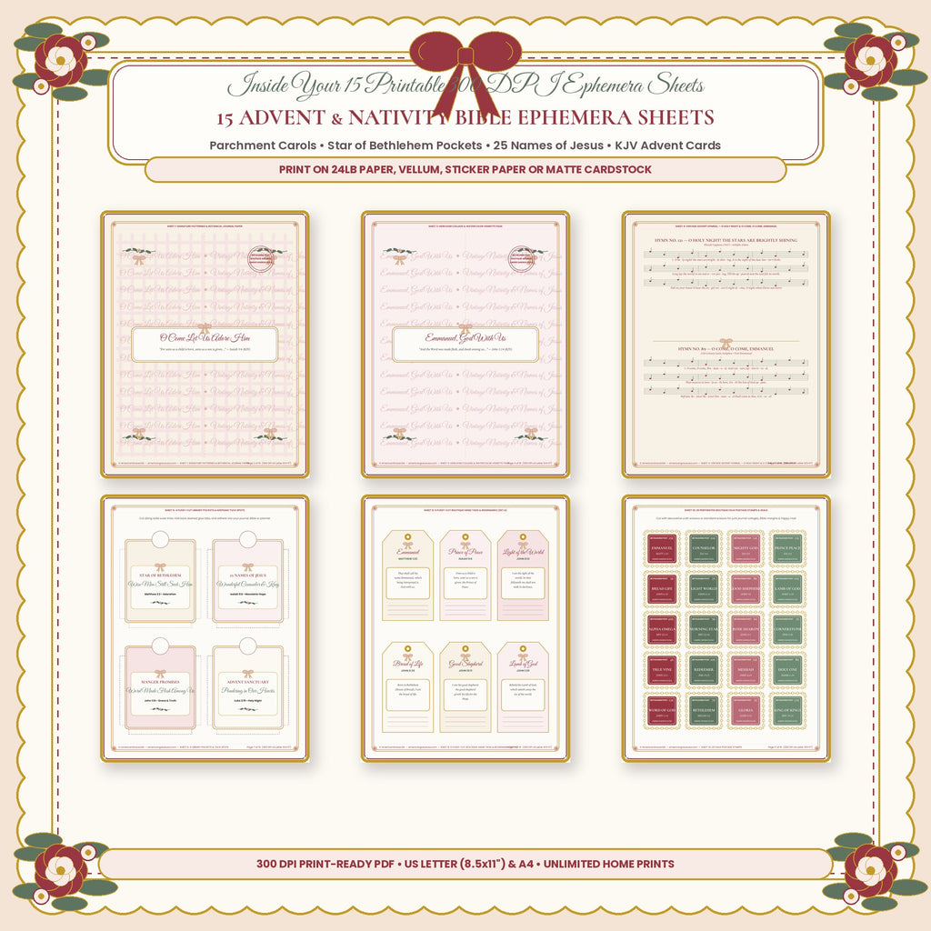 Inside 15 Advent and Nativity Bible Ephemera Sheets Parchment Carols Star of Bethlehem Pockets and 25 Names of Jesus