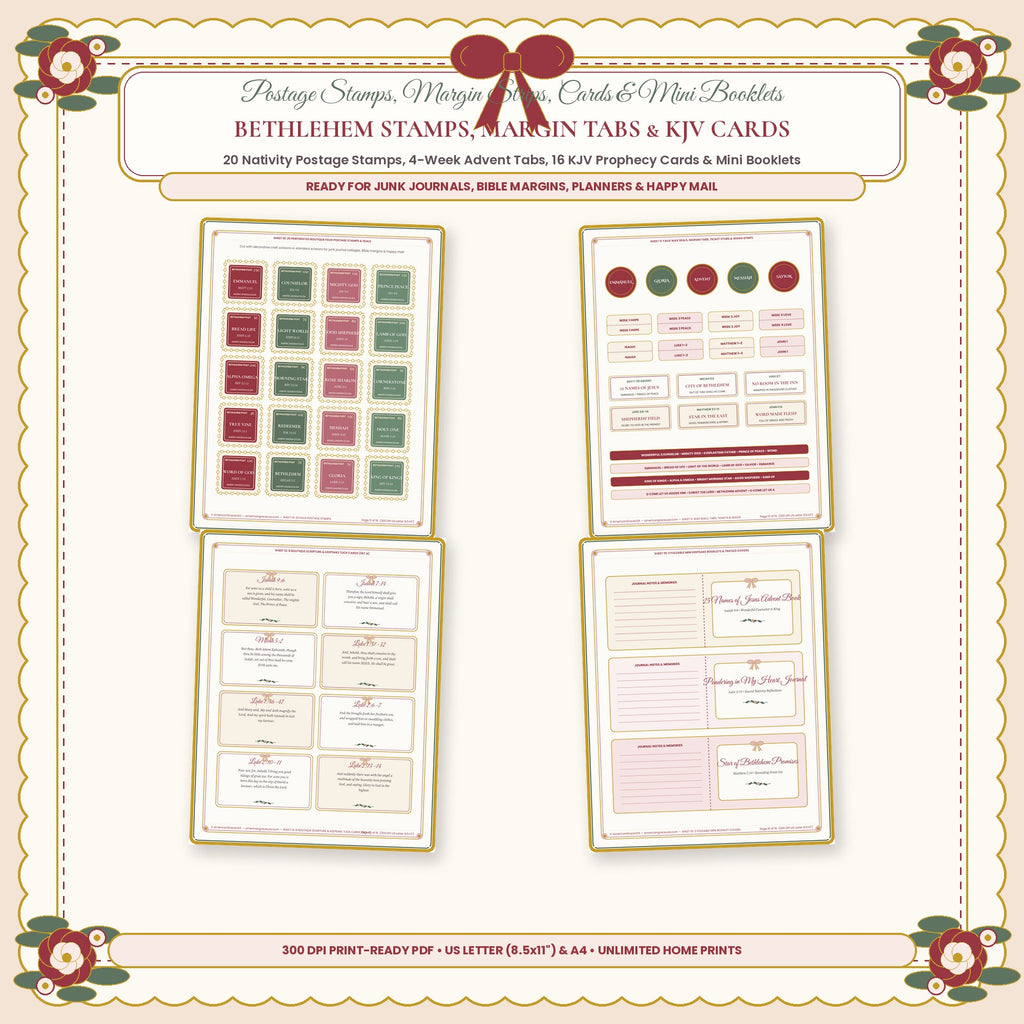 Bethlehem Perforated Postage Stamps Advent Margin Tabs and KJV Prophecy Cards Closeup